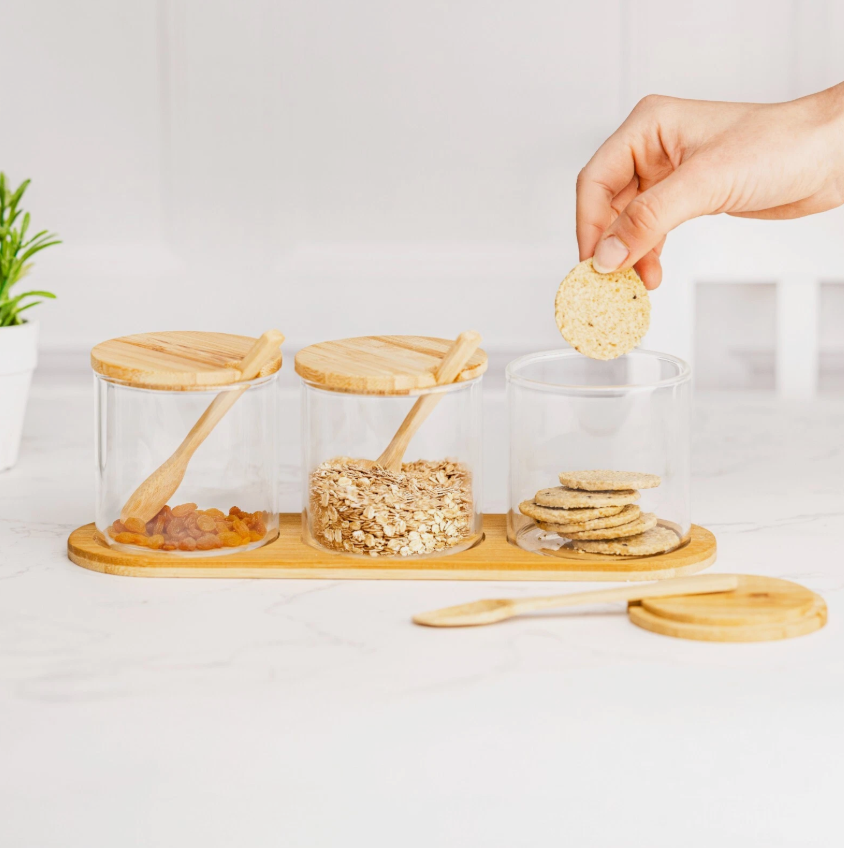 Glass Jar Kitchen Station Set with Wooden Tray Labels and Spoons