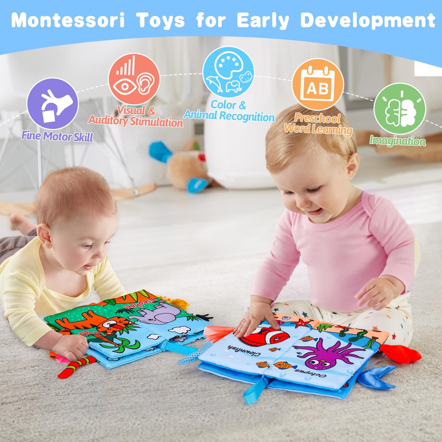 Thremhoo 2-Pack Baby Books 0-6 Months – Sensory Crinkle & Tummy Time Toys