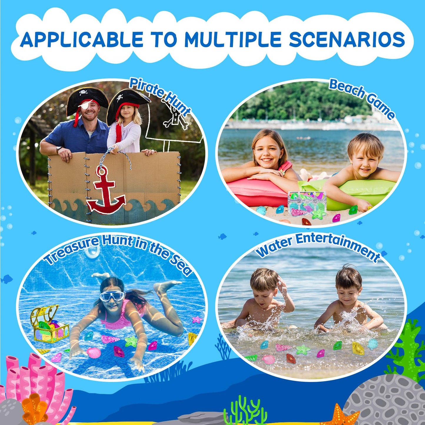 Thuodo 24pcs Diving Gems Pool Toys – Colorful Diamonds with Pirate Treasure Chest for Kids