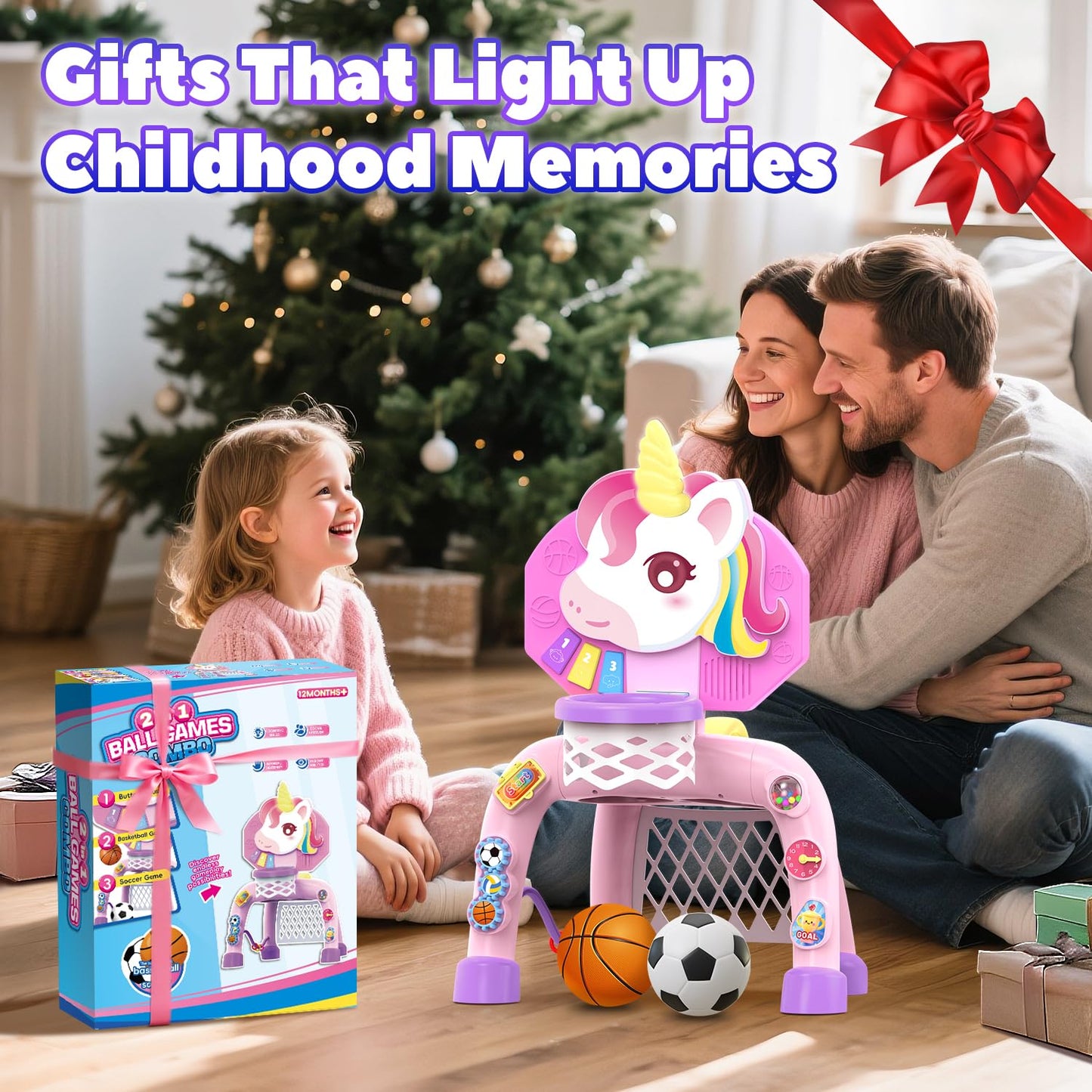 Thusine 2-in-1 Toddler Basketball Hoop & Soccer Goal – Lights, Music & Gift for Ages 12-36 Months