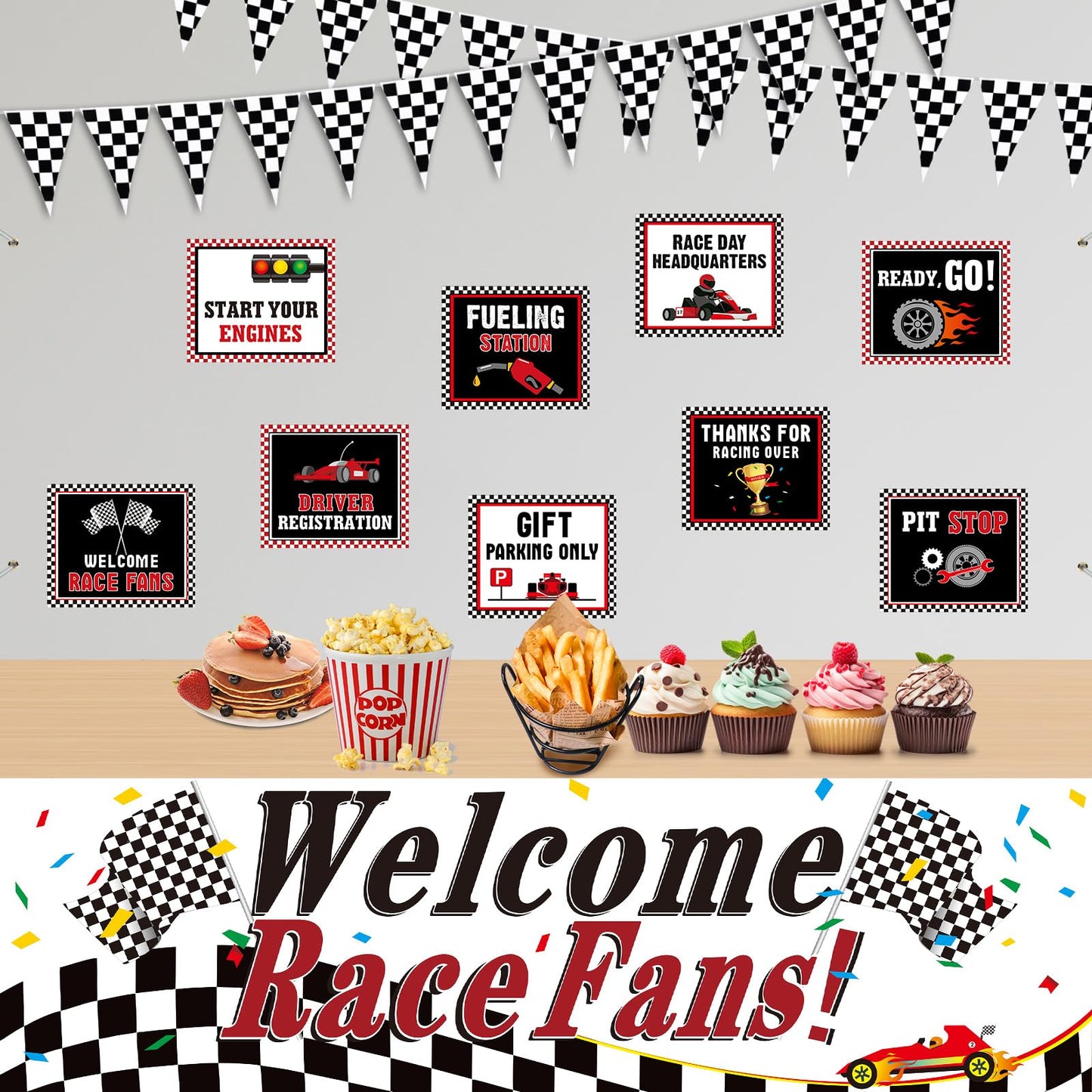 Tiamon Racing Car Party Decorations Set — 9 Signs, 2 Checkered Flags, Welcome Banner | Race Car Birthday Supplies