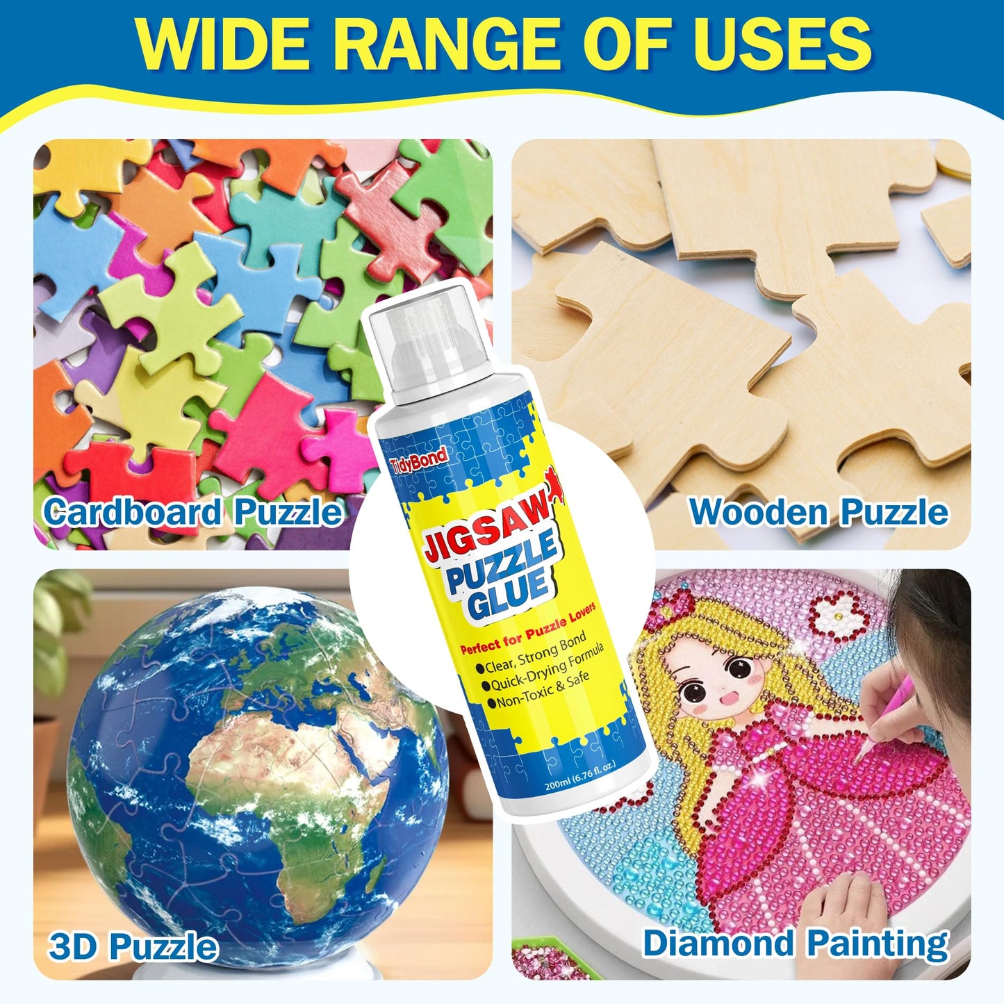 Tidybond Jigsaw Puzzle Glue with Sponge Tip & Squeegee – Clear, Fast-Drying Puzzle Sealer for 1000/3000/5000 Piece Puzzles (200ml)