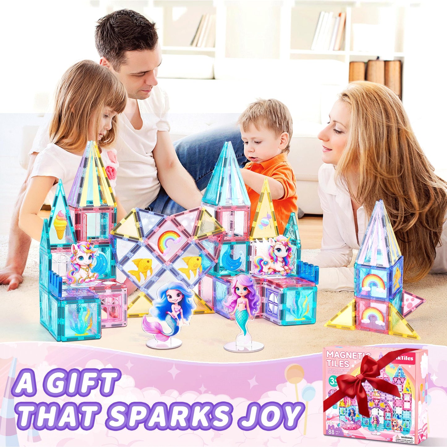 TikTiles Unicorn Magnetic Tiles Set — 88 Pieces with 4 Dolls (Ages 3-8)