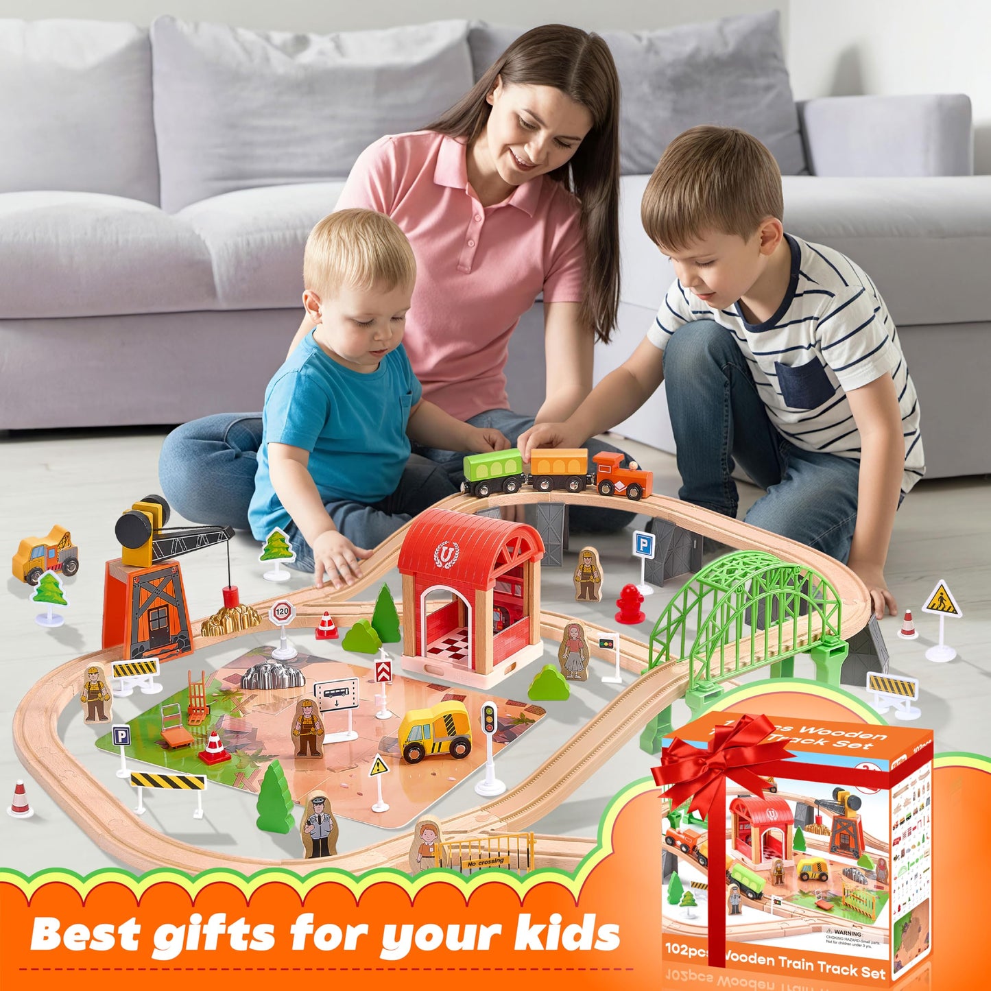 TikTiles Wooden Train Set 102-Piece – Double-Sided Tracks & Magnetic Crane