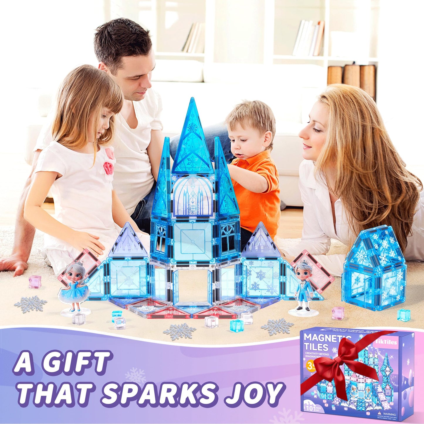 TikTiles Magnetic Tiles Building Toys – Snow Princess Castle Set with 101 Pieces for Kids 3-8 | STEM & Sensory Magnet Toys