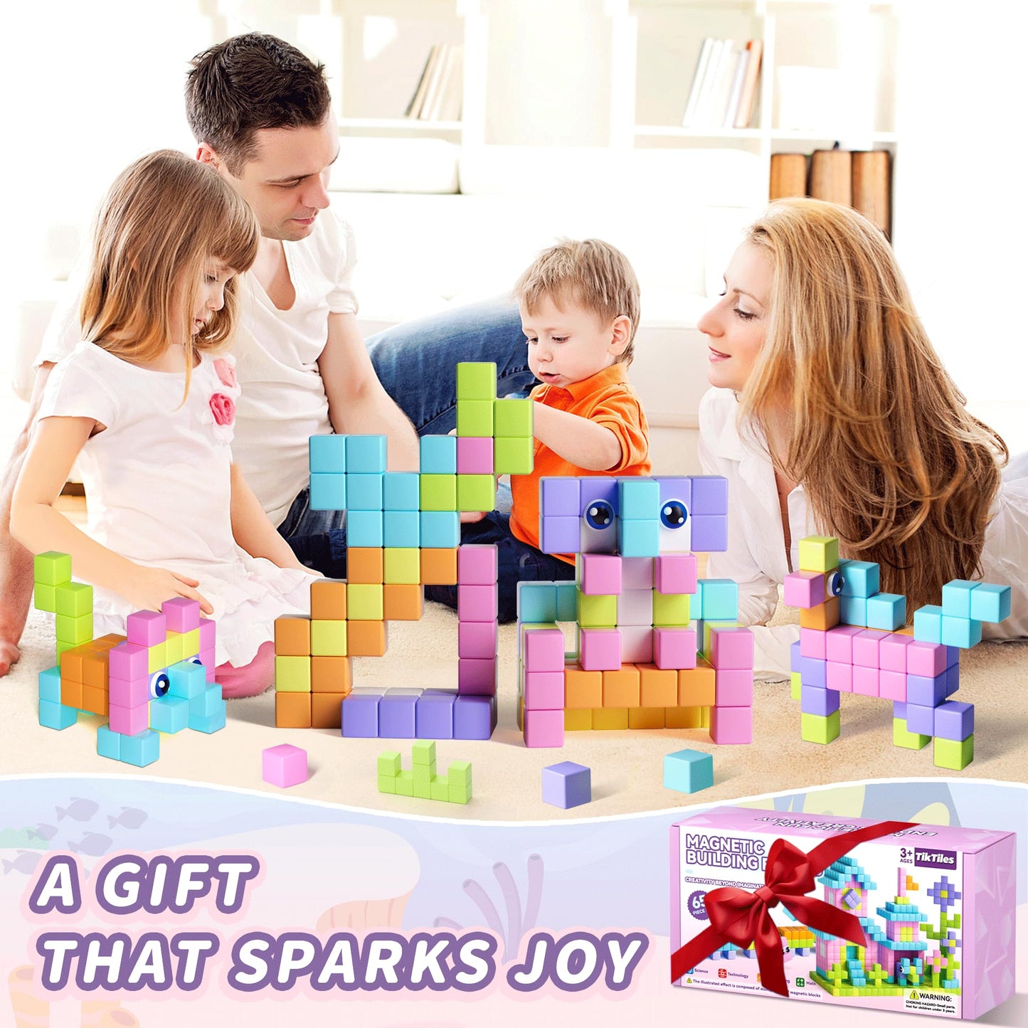 TikTiles 65-Piece Magnetic Blocks with Eyes – STEM Building Toy for Kids 3-8 (Macaron Colors)