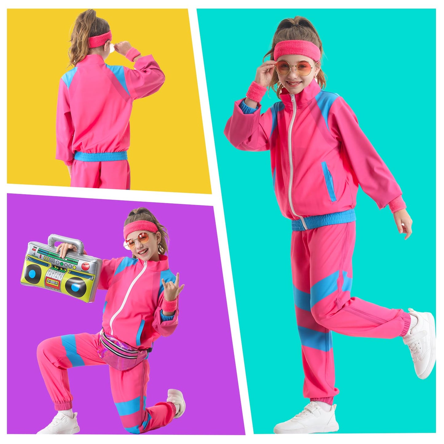 TIMSOPHIA 80s Tracksuit for Kids – 6-Piece Hip Hop Costume (Pink, 7-8 Years)