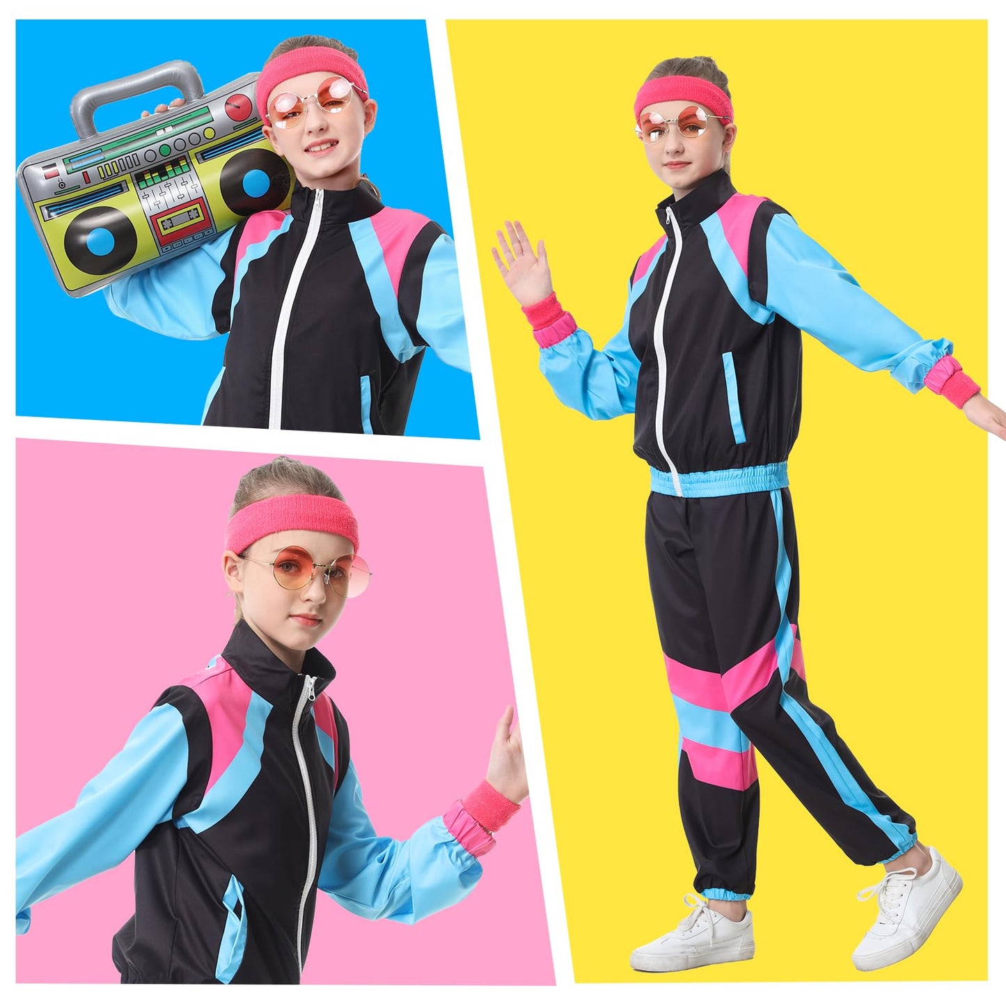 TIMSOPHIA 80s Tracksuit for Kids - 6-Piece 90s Hip Hop Costume, Black, 9-10 Years