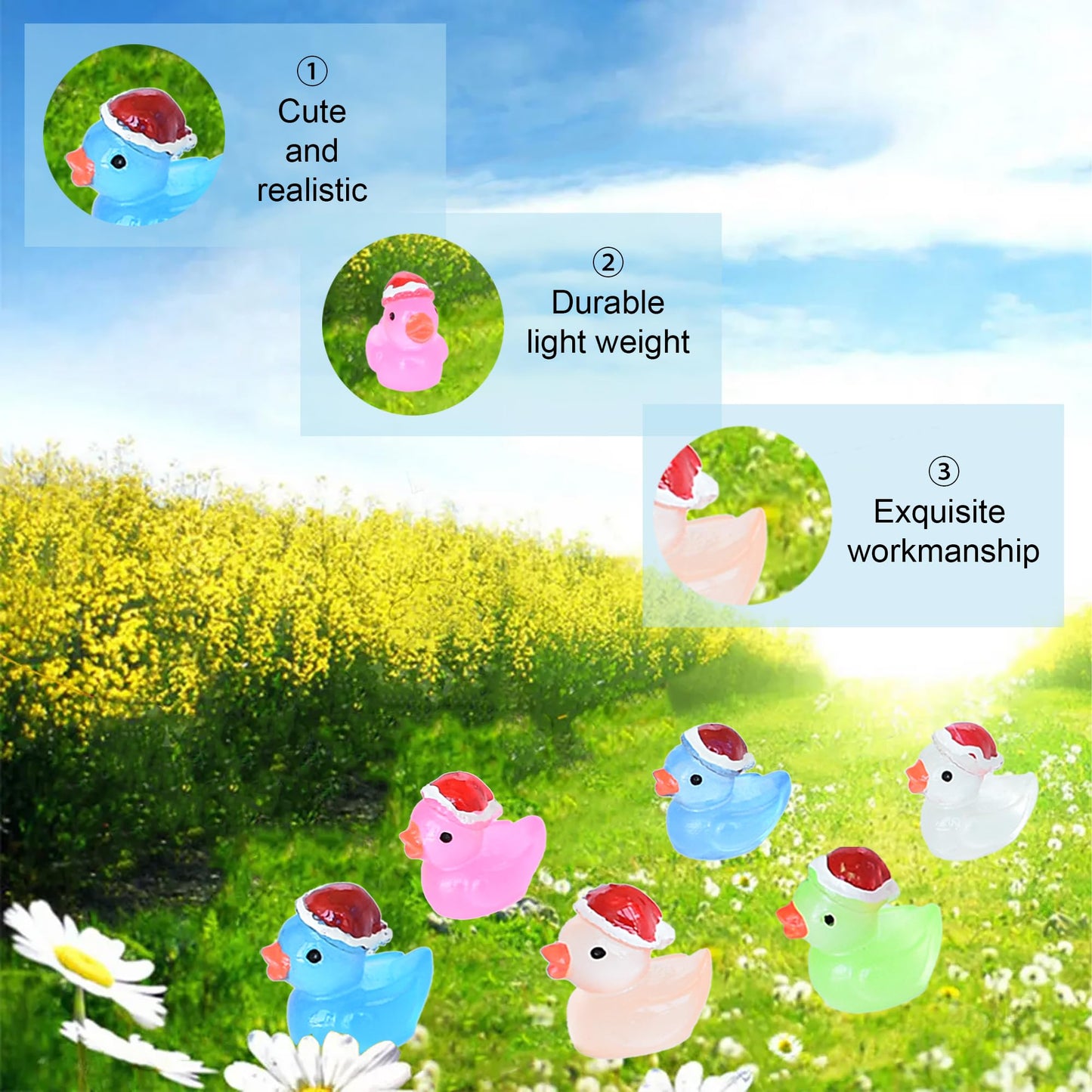 Tindobewan 50 Pcs Tiny Glow-in-the-Dark Christmas Hat Ducks – Mini Resin Figures for DIY, Dollhouse, Slime