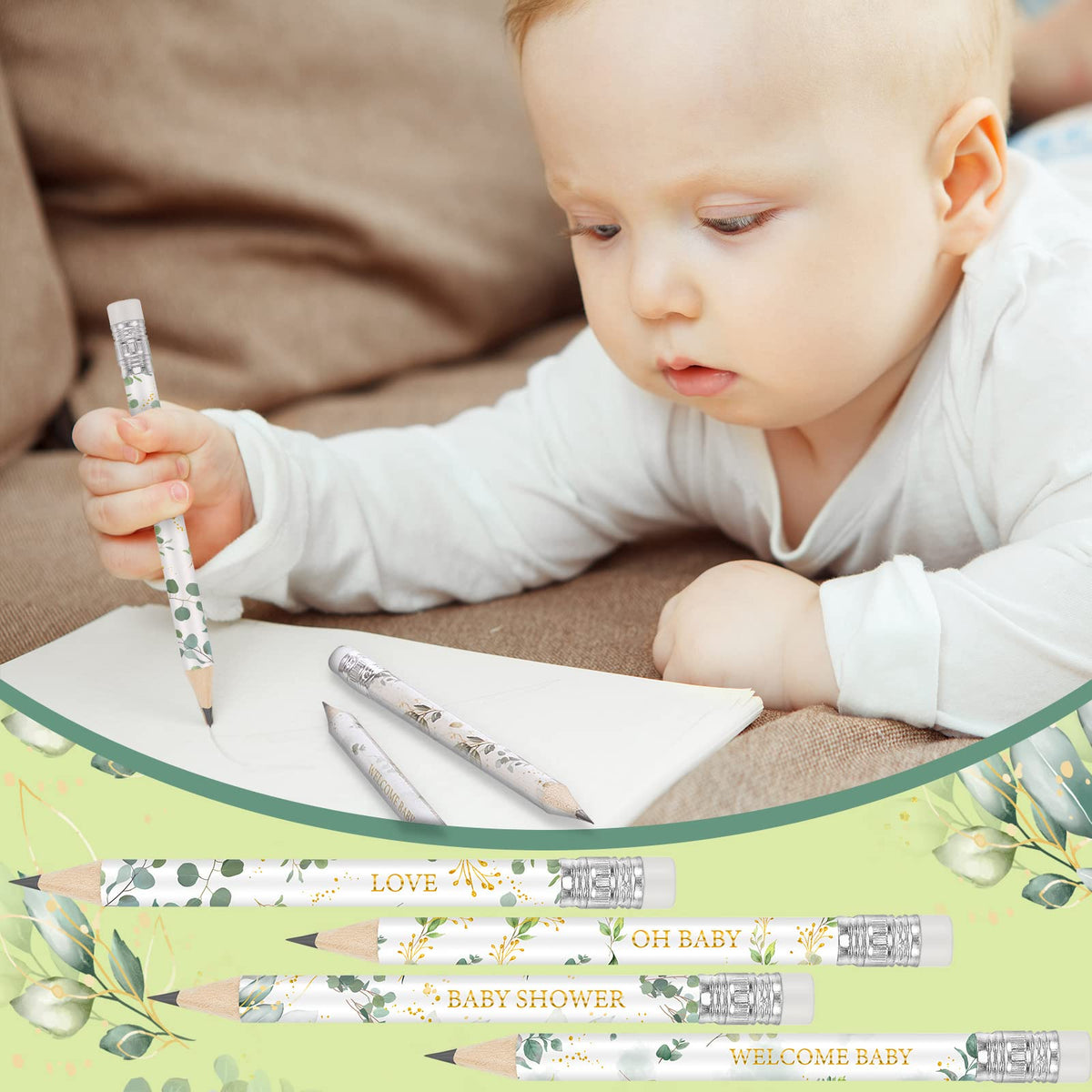Tinlade 60 Sage Green Baby Shower Golf Pencils with Erasers – Small Sharpened Pencils for School