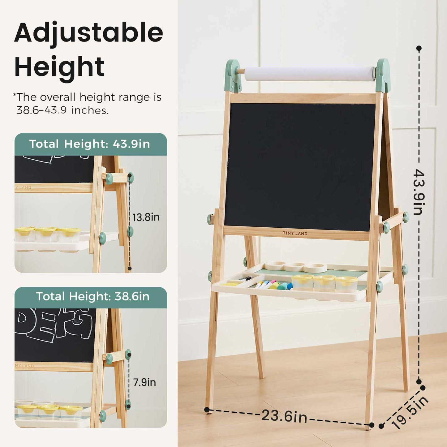 Tiny Land Kids Easel – Double-Sided Magnetic Wooden Easel with Paper Roll, Adjustable Height for 3–8 Years (Green)