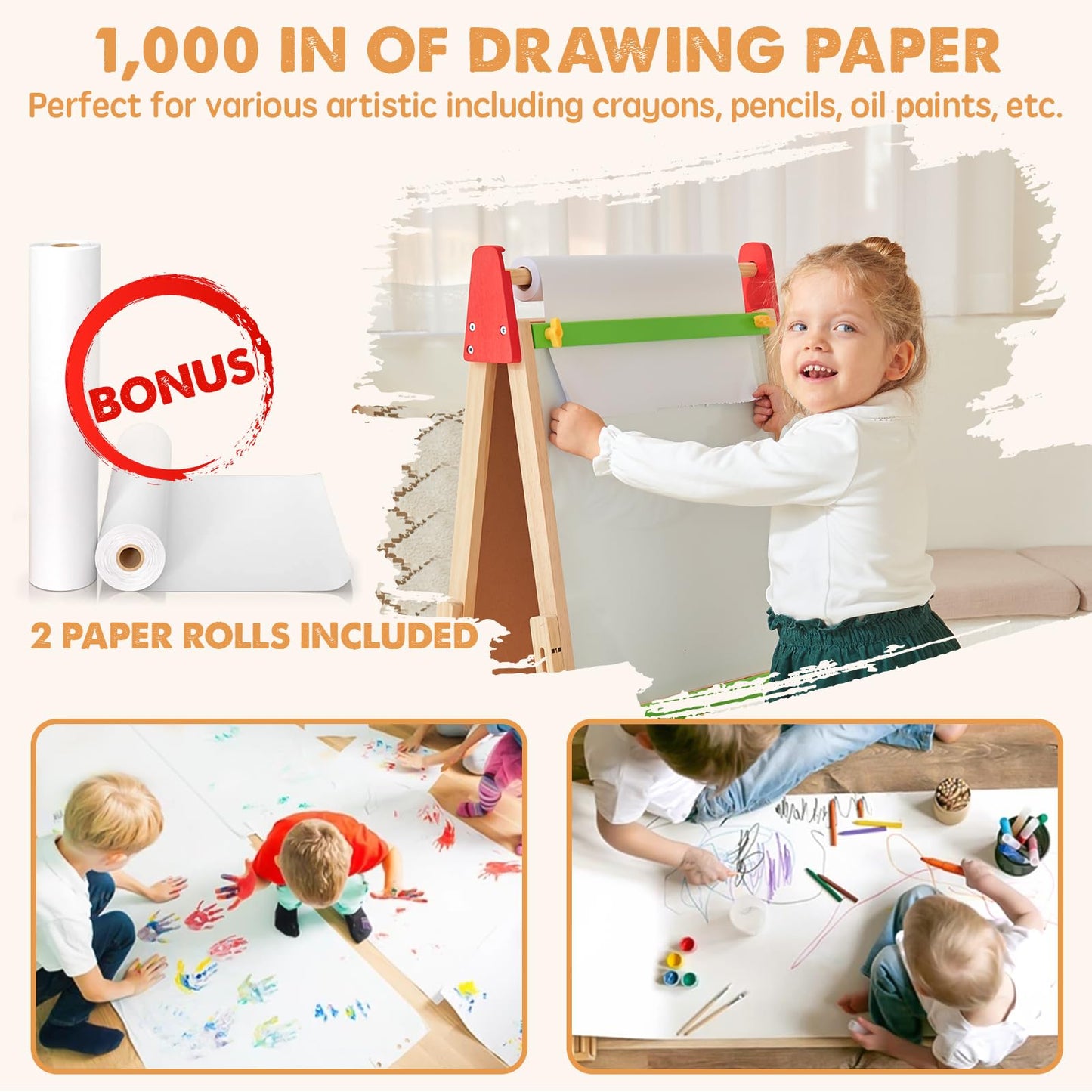 Tiny Land 3-in-1 Kids Easel: Wooden Art Easel with Paper Roll, Magnetic Whiteboard & Chalkboard