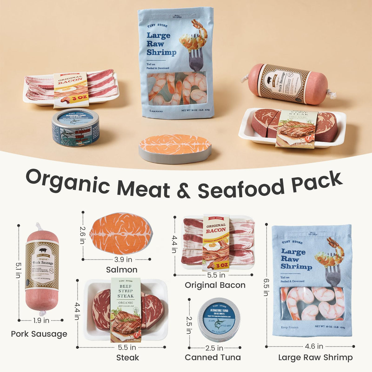 Tiny Land Organic Play Food Set – 6pc Wooden Seafood & Meat Toys for Montessori Kitchen Play