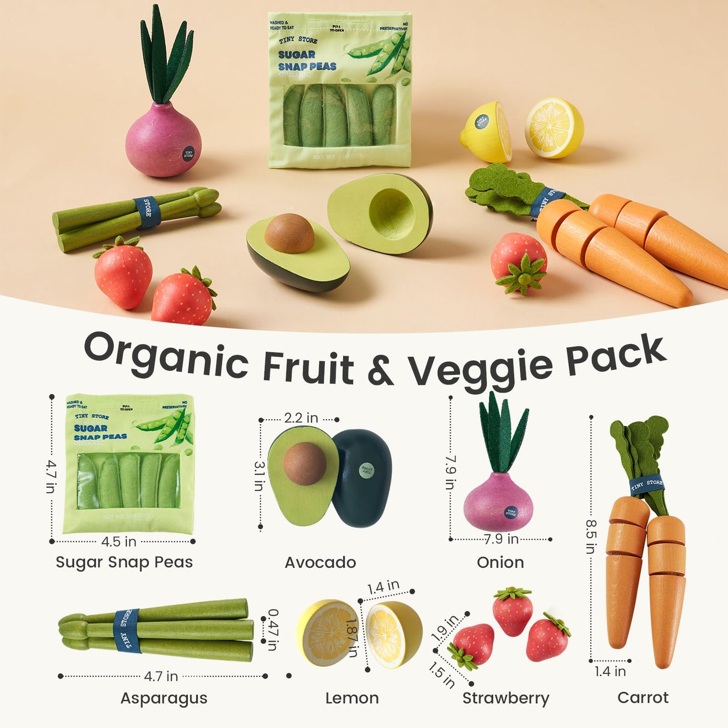 Tiny Land Organic Wooden 7-Piece Veg & Fruit Play Set | Montessori Pretend Food for Kids