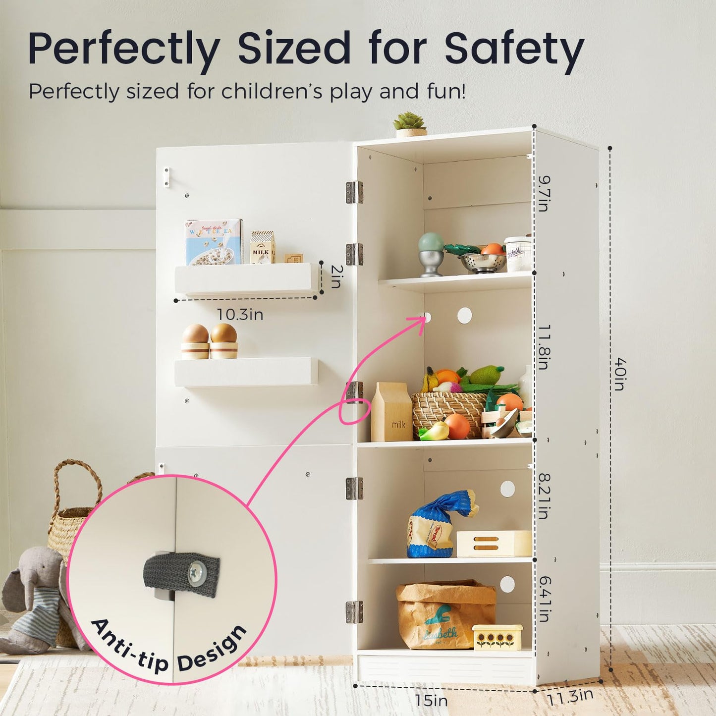 Tiny Land Wooden Toy Fridge with Spacious Storage – Realistic Play Kitchen Refrigerator