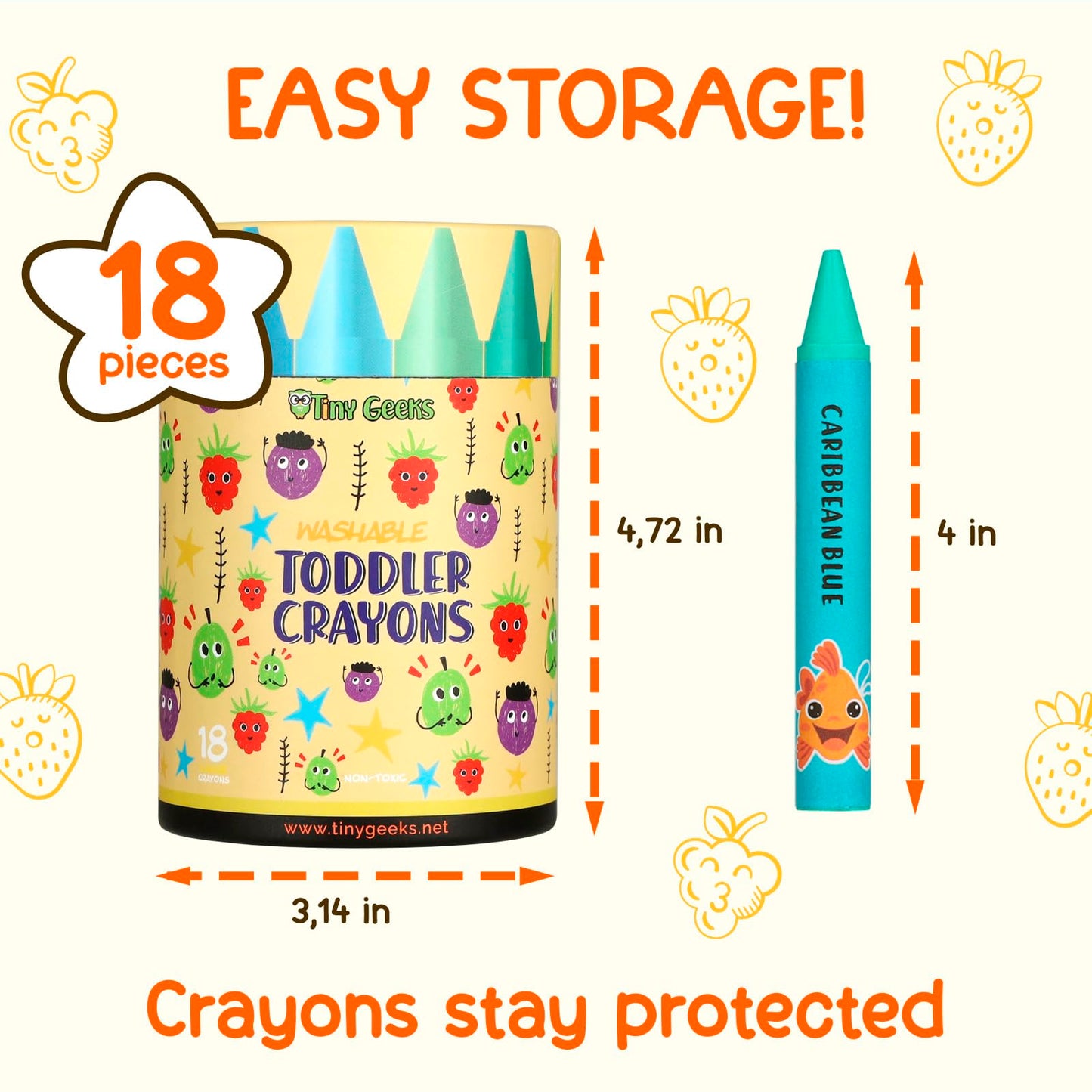 TinyGeeks Jumbo Crayons – Non-Toxic, Washable, 18 Colors for Toddlers & Kids (Ages 1–8) – Easy to Hold