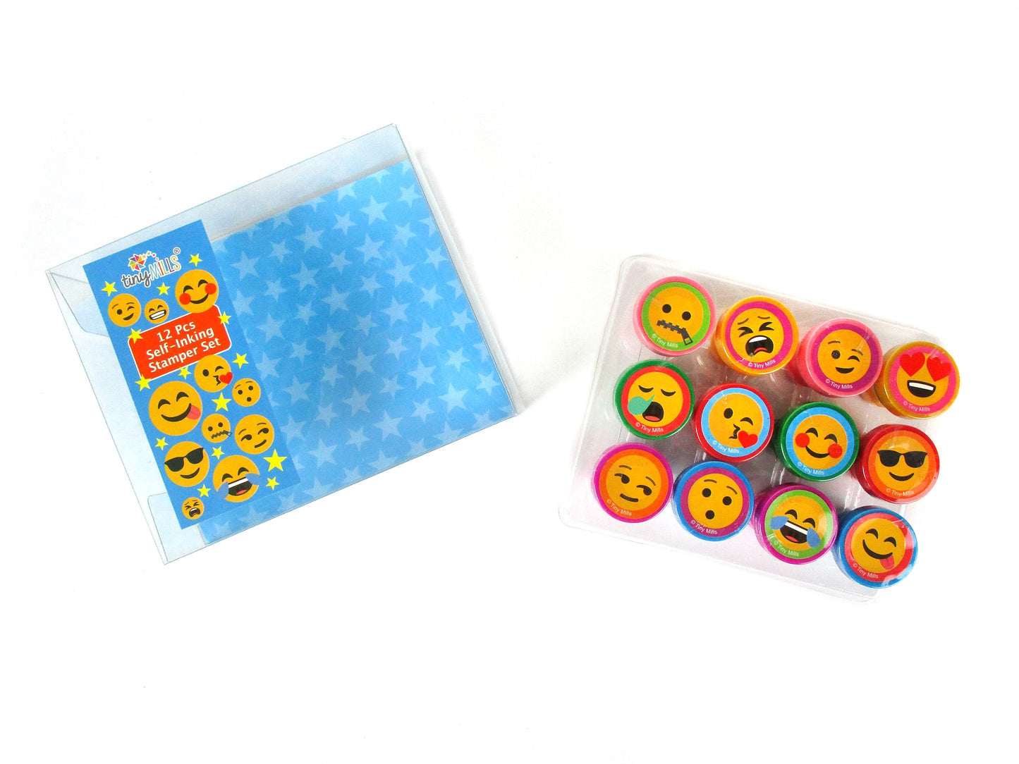 TINYMILLS 12-Piece Emoji Stamp Kit for Kids – Self-Inking Stamps for Parties & Crafts