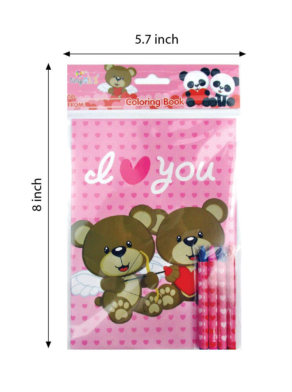 TINYMILLS Valentine Coloring Book & Crayon Set – 12 Books, 48 Crayons