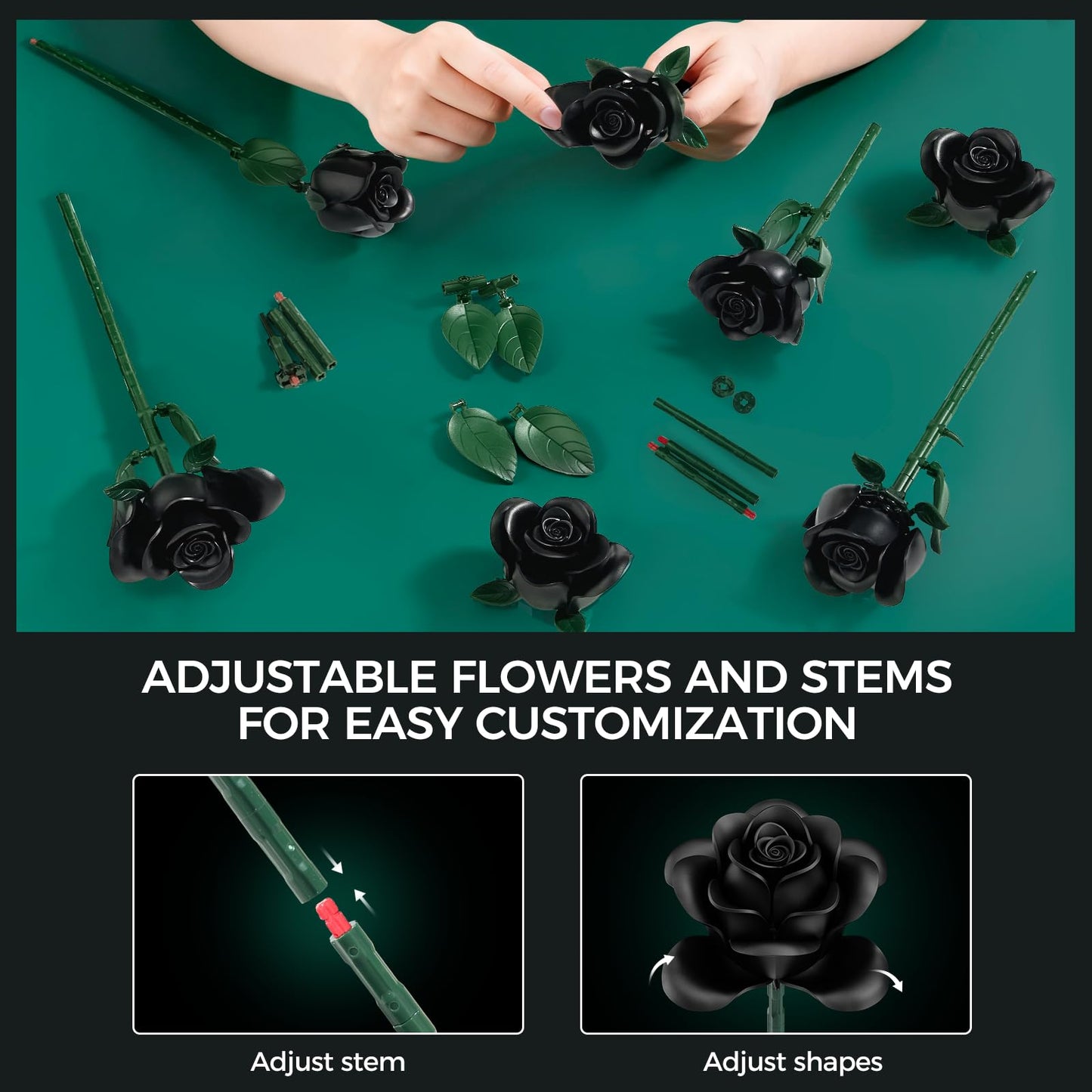 tinytrek Black Rose Bouquet Building Set – 12-Piece Decorative Flowers for Adults