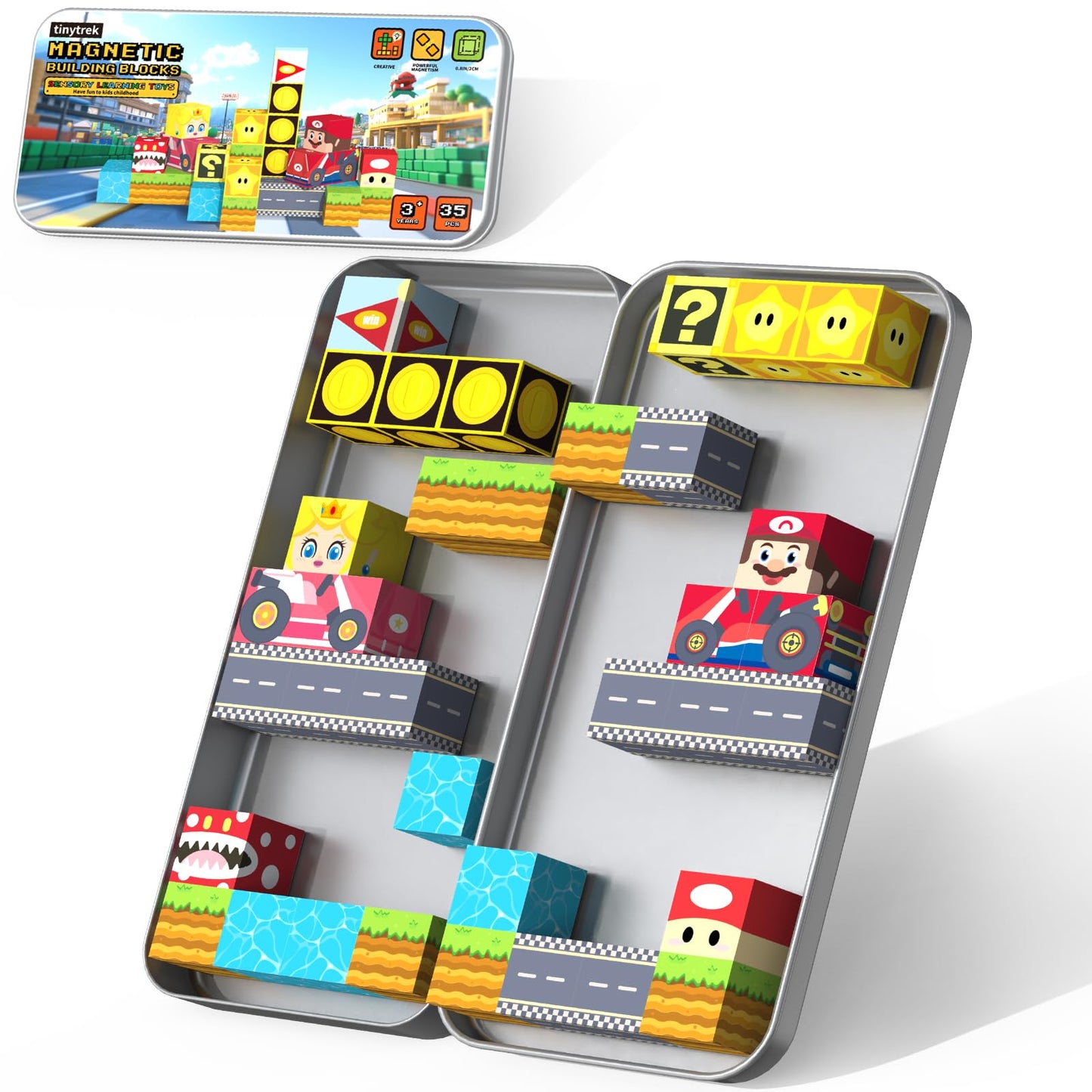 tinytrek 35 PCS Mini Magnetic Tiles Travel Set – Portable STEM Building Blocks for Kids 3-8