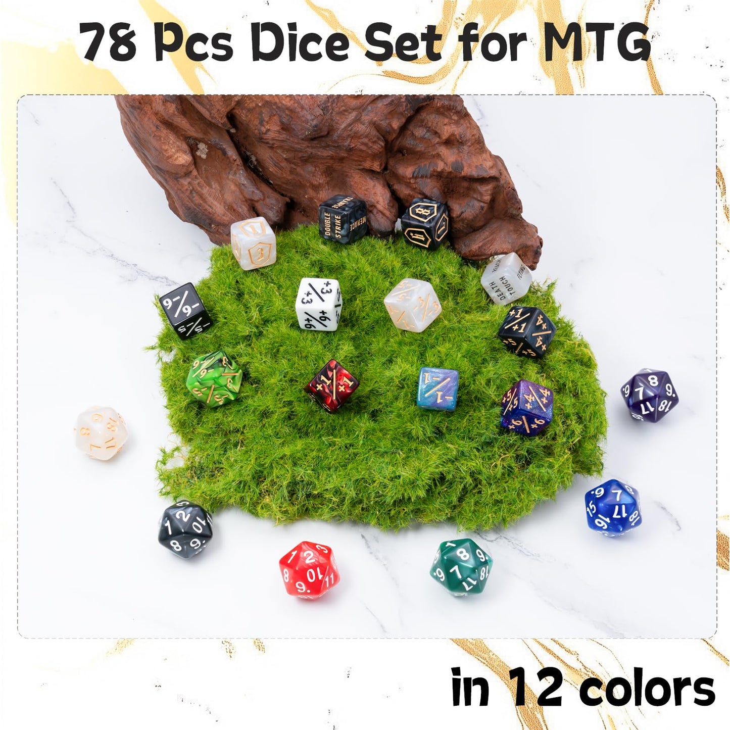 Tinzum 78-Piece MTG Dice Set with Plus 1 Life Counter, Keyword & Shield Dice + Spindown D20 – 12 Colors