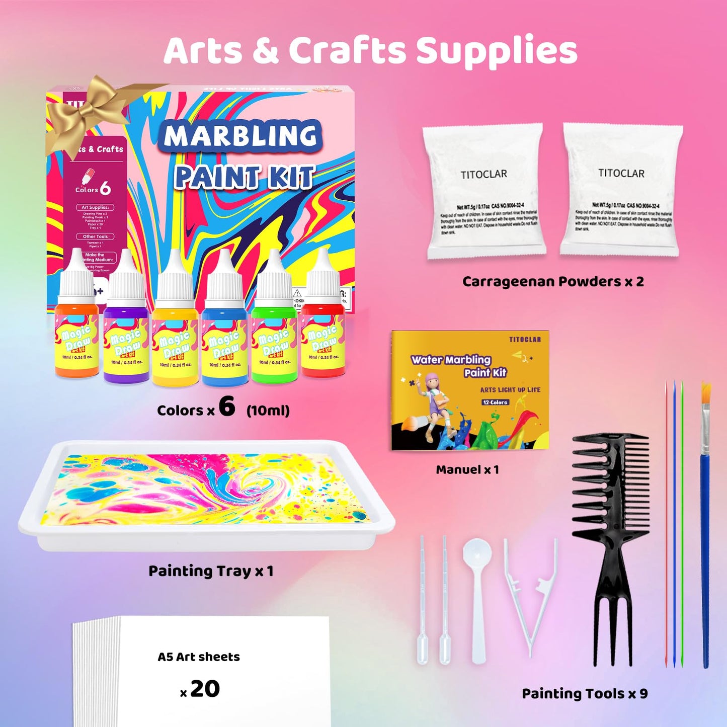 Titoclar Water Marbling Paint Kit for Kids – Mess-Free Colorful Swirls, STEM Craft Gift