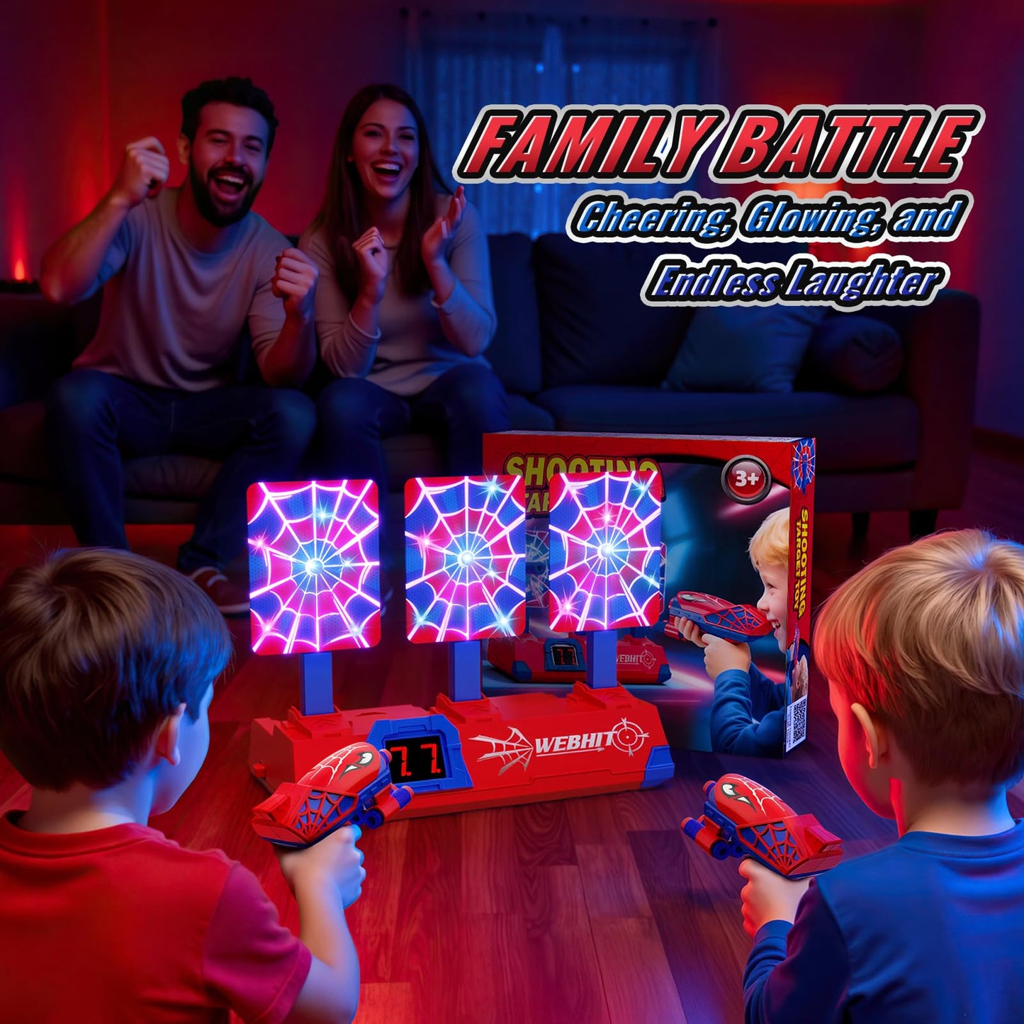 Tiyvnsi Hero Shooting Toy Set – Glowing Web Targets, LCD Score, Auto Reset, Indoor/Outdoor Fun for Ages 3–12