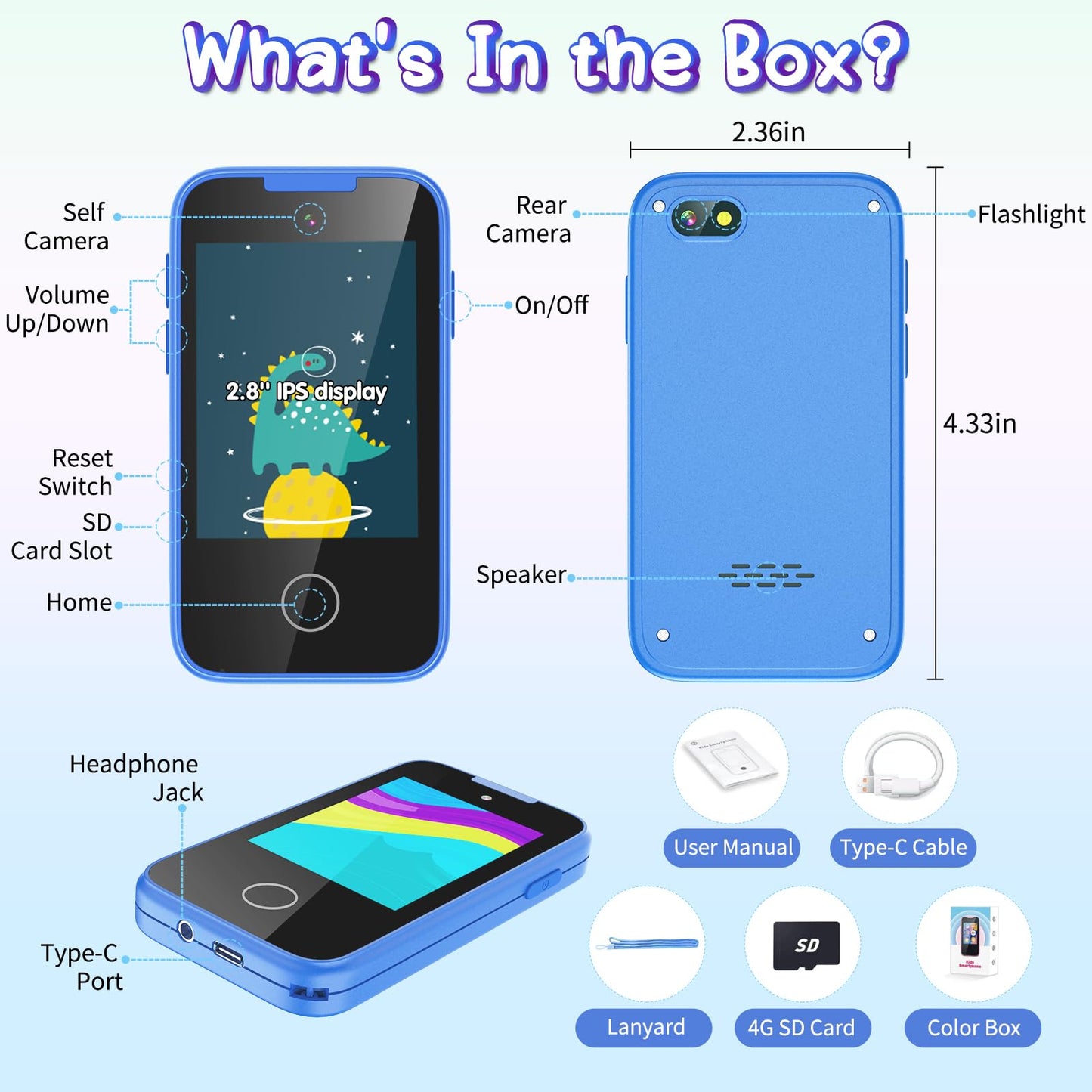 TKECWOB Kids Phone Toy for Ages 3-6 – Dual Camera, Music Player & Learning Games (Blue)