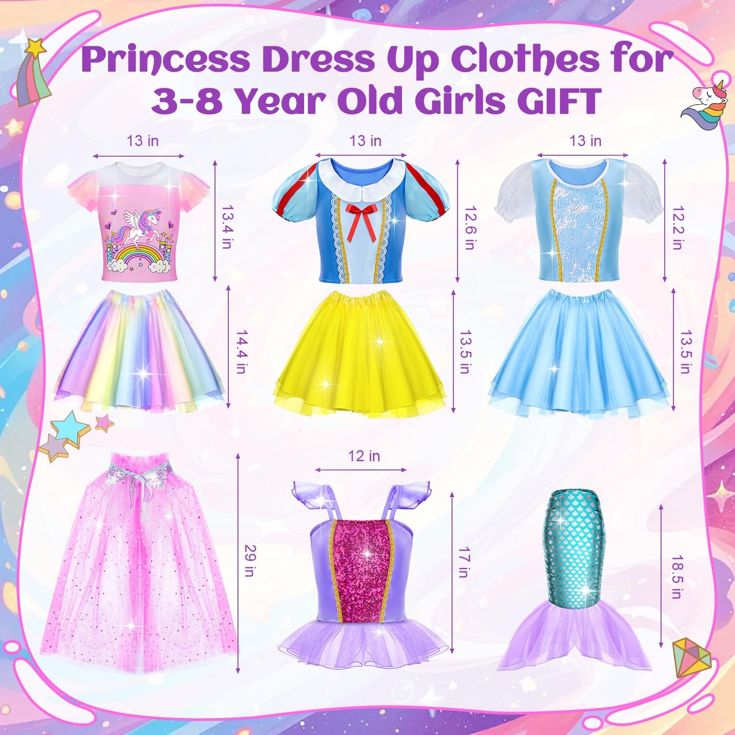 Tlooe Princess Dress Up Set for Girls – 4 Tops, 4 Skirts, Cape (Ages 3-8)