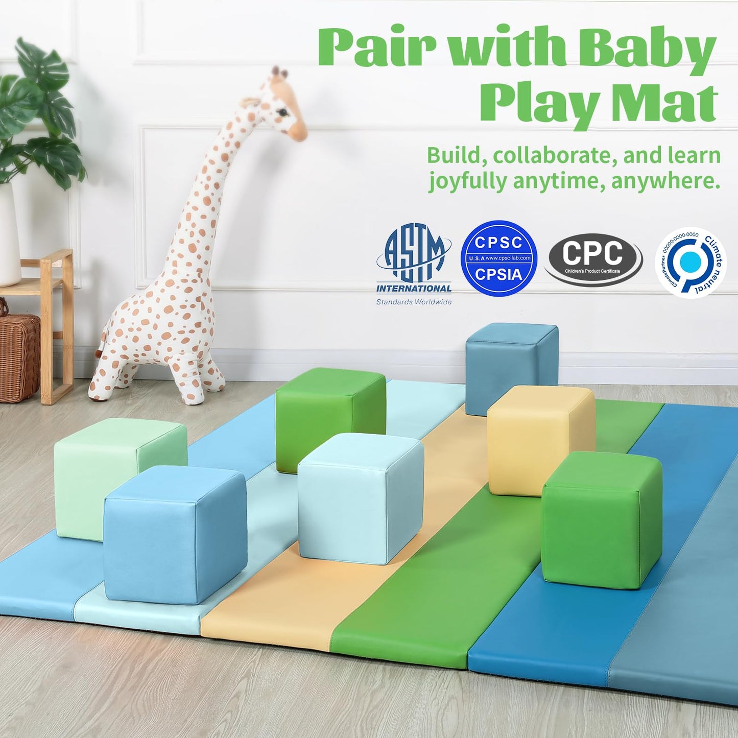 Todiby Foam Building Blocks for Toddlers – 12-Piece Wipeable Leather Stacking Cubes (Yellow-Green)