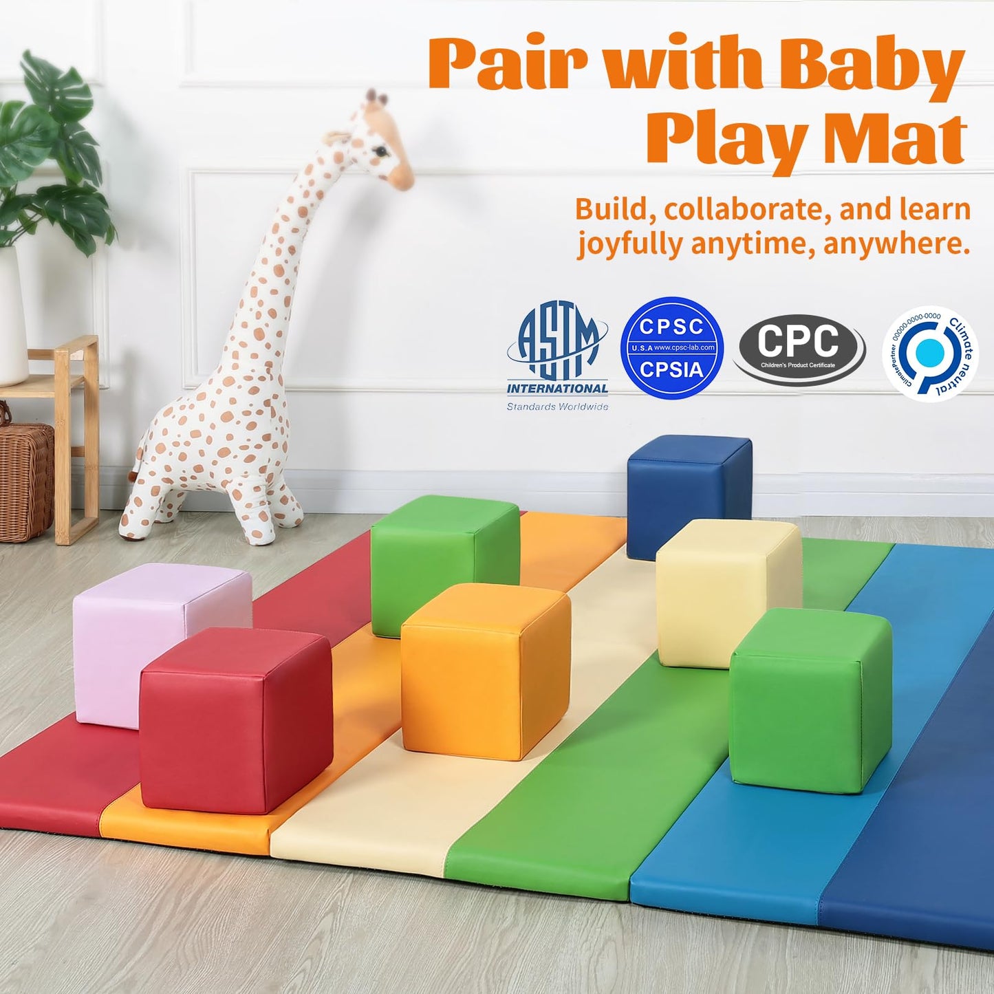 TODIBY Foam Building Blocks for Toddlers — 12 Large Wipeable Rainbow Blocks for Learning and Play