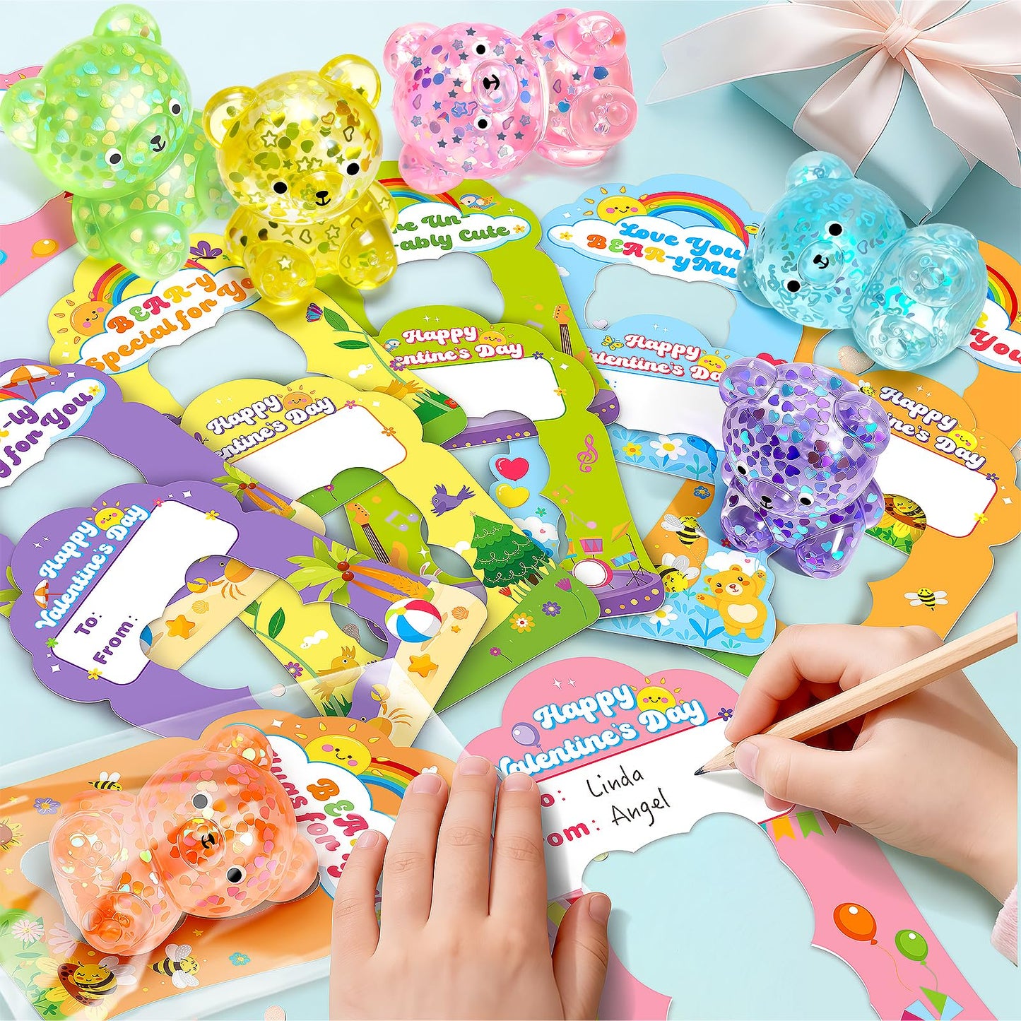 Toidgy Valentines Day Cards for Kids – 24 Pack with Squeeze Bear Toys & Classroom Party Favors