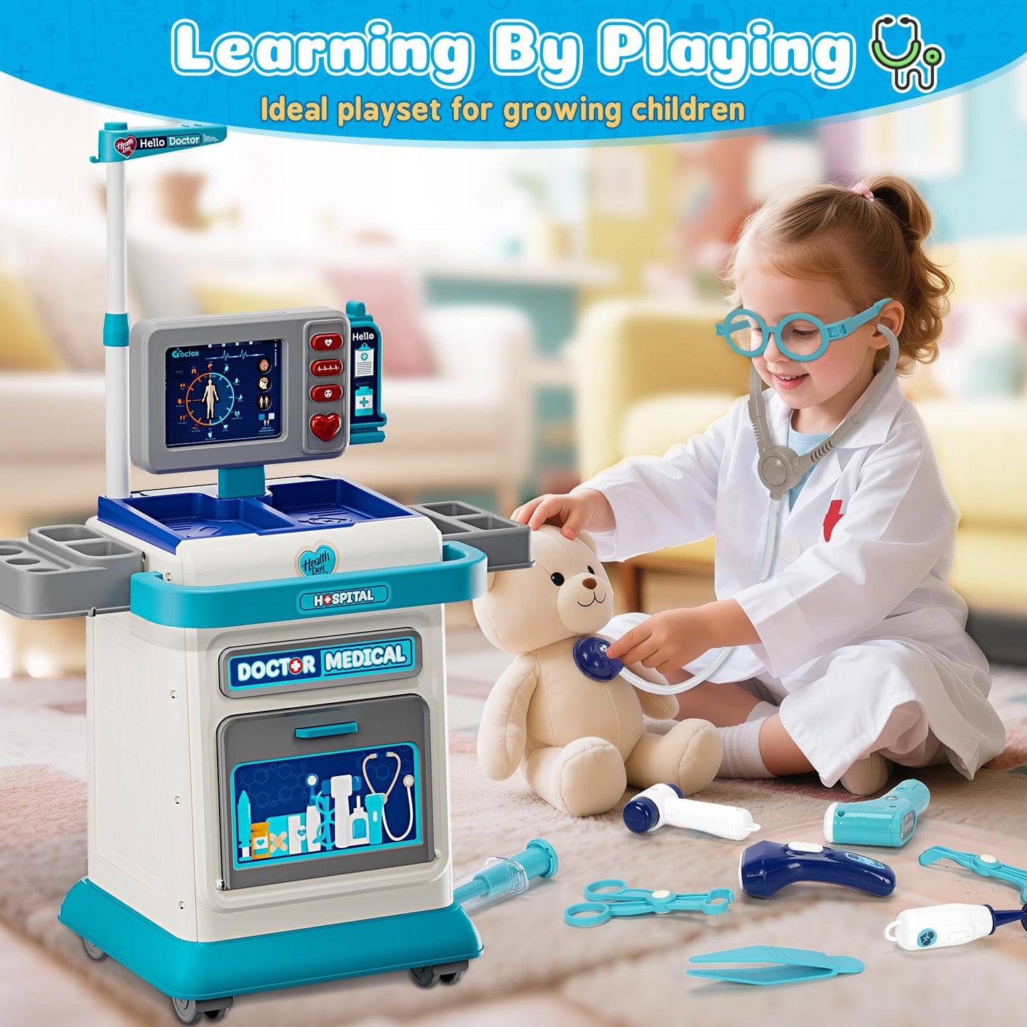 Toidgy Doctor Kit for Toddlers 3-5 | Pretend Medical Play Set with Cart & Stethoscope