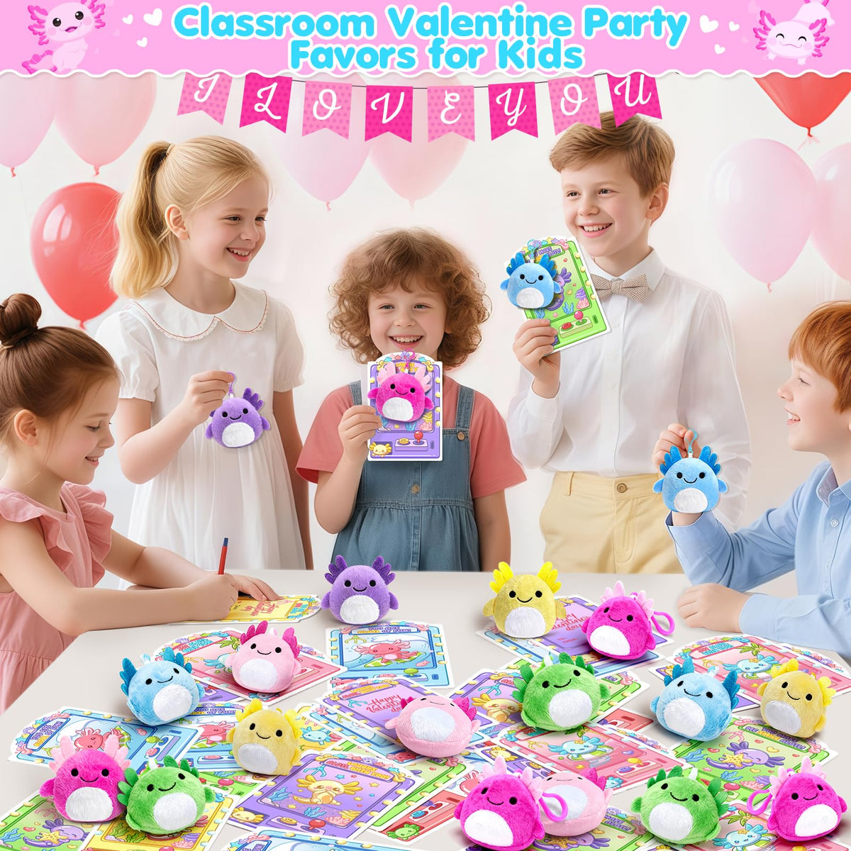 Toidgy Valentines Day Gifts for Kids — 24 Axolotl Plush Keychains & Cards