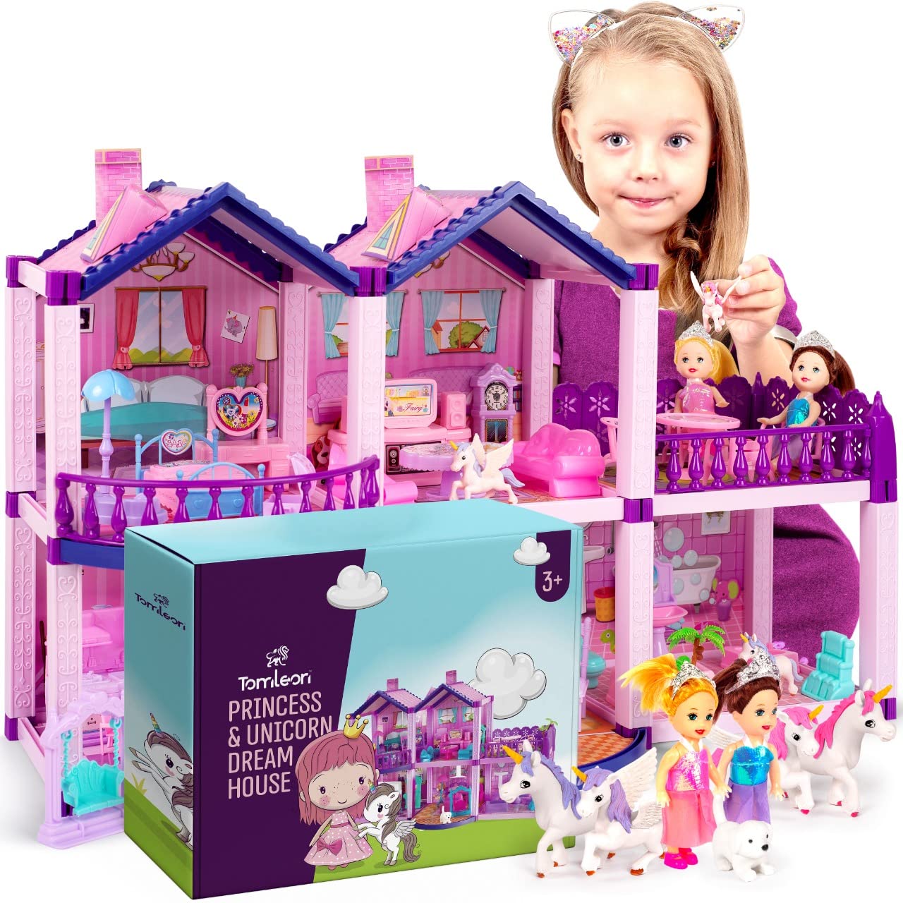 TOMLEON Dollhouse – Pink & Purple Dream House with 4 Princesses, 4 Unicorns, Dog, 5 Rooms & Garden (Ages 2–7)