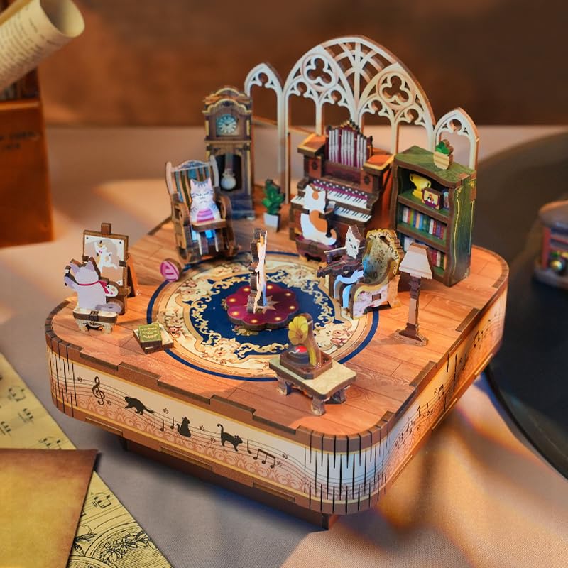 Tonecheer Wooden Music Box Puzzle Kit – DIY 3D Cat Family Desk Decor