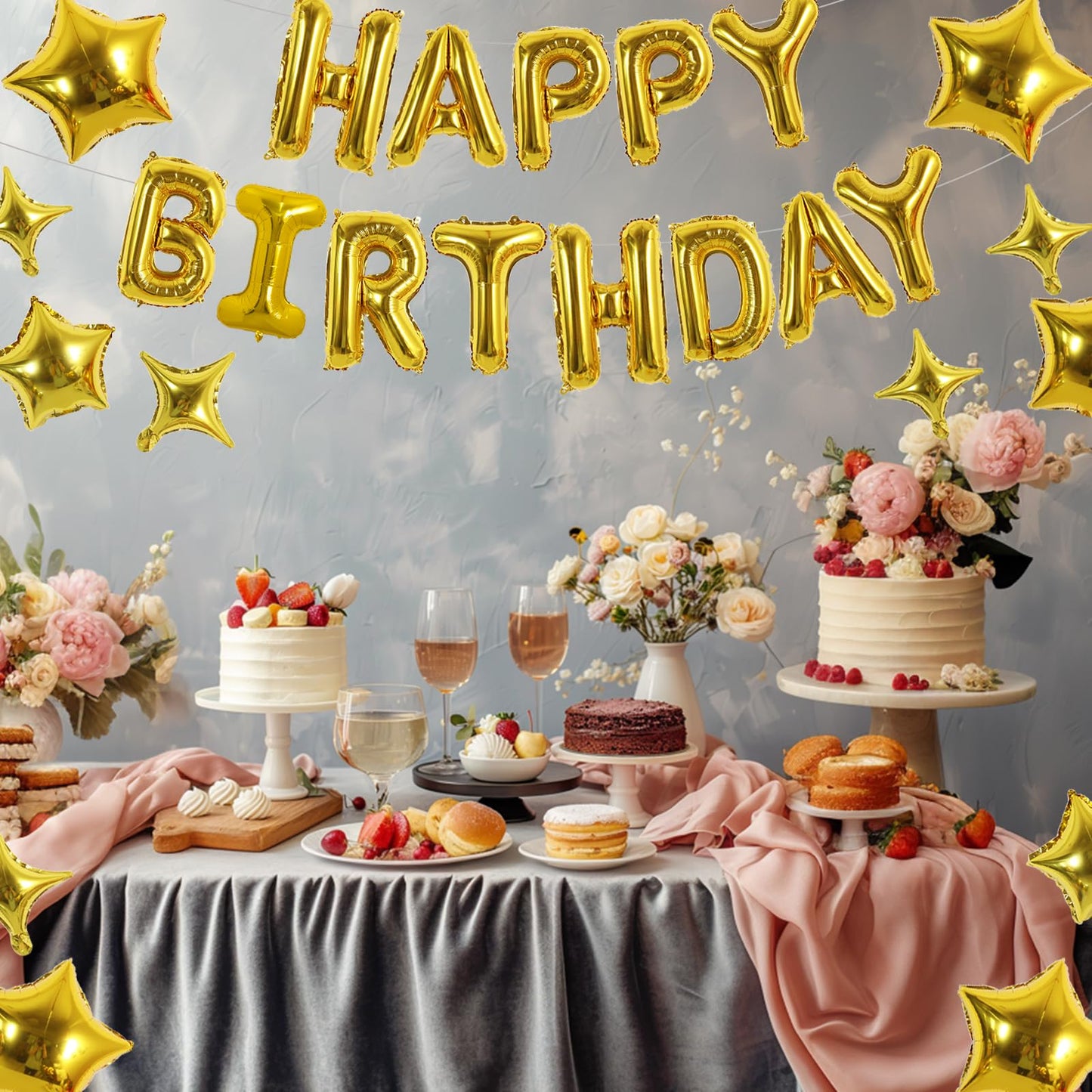 TONIFUL Gold 35PCS Happy Birthday Decorations Kit — 16-Inch Letter Banner + Star Balloons