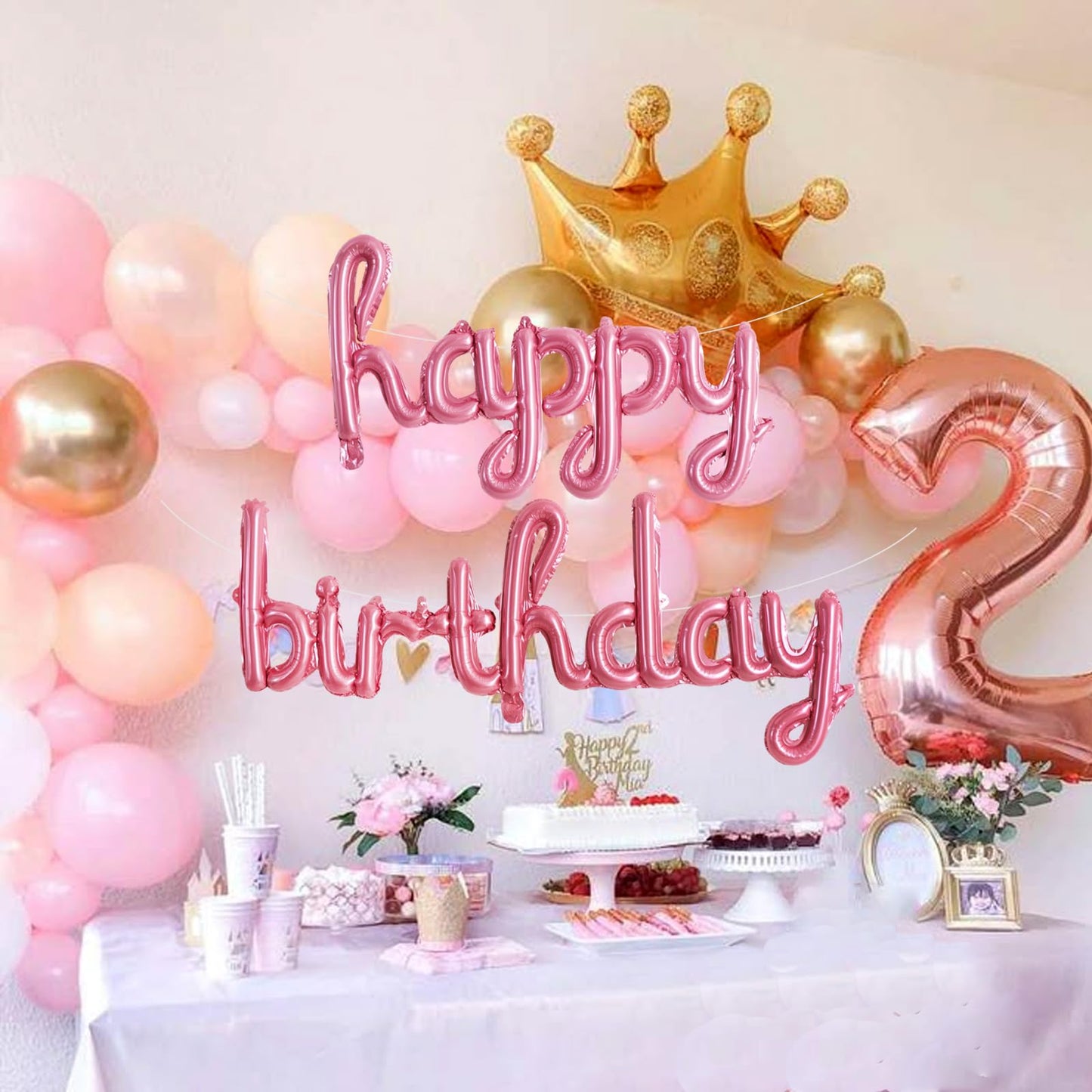 TONIFUL Pink Happy Birthday Balloons – 16-Inch Foil Script Banner, Reusable Party Decor