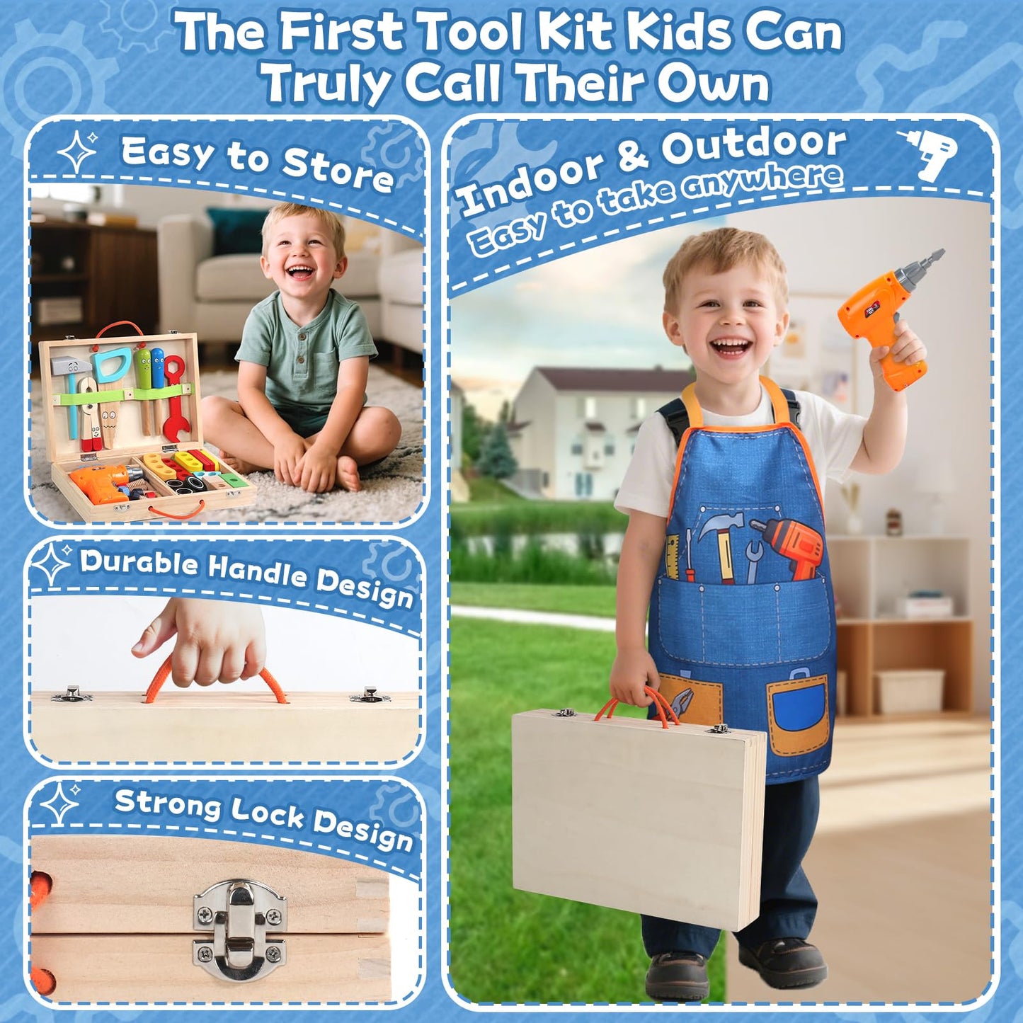 TONZE Kids Tool Set – 44 Pcs STEM Montessori Wooden Toy for 3-5 Year Olds with Apron & Tool Box