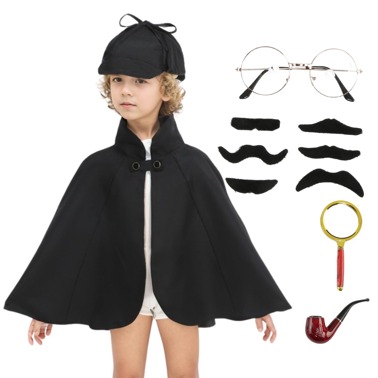 TOONRAIN Kid Detective Costume Accessories Set – 6 Pcs Spy Sherlock Holmes Hat & Dress-Up Kit (40cm, Black)