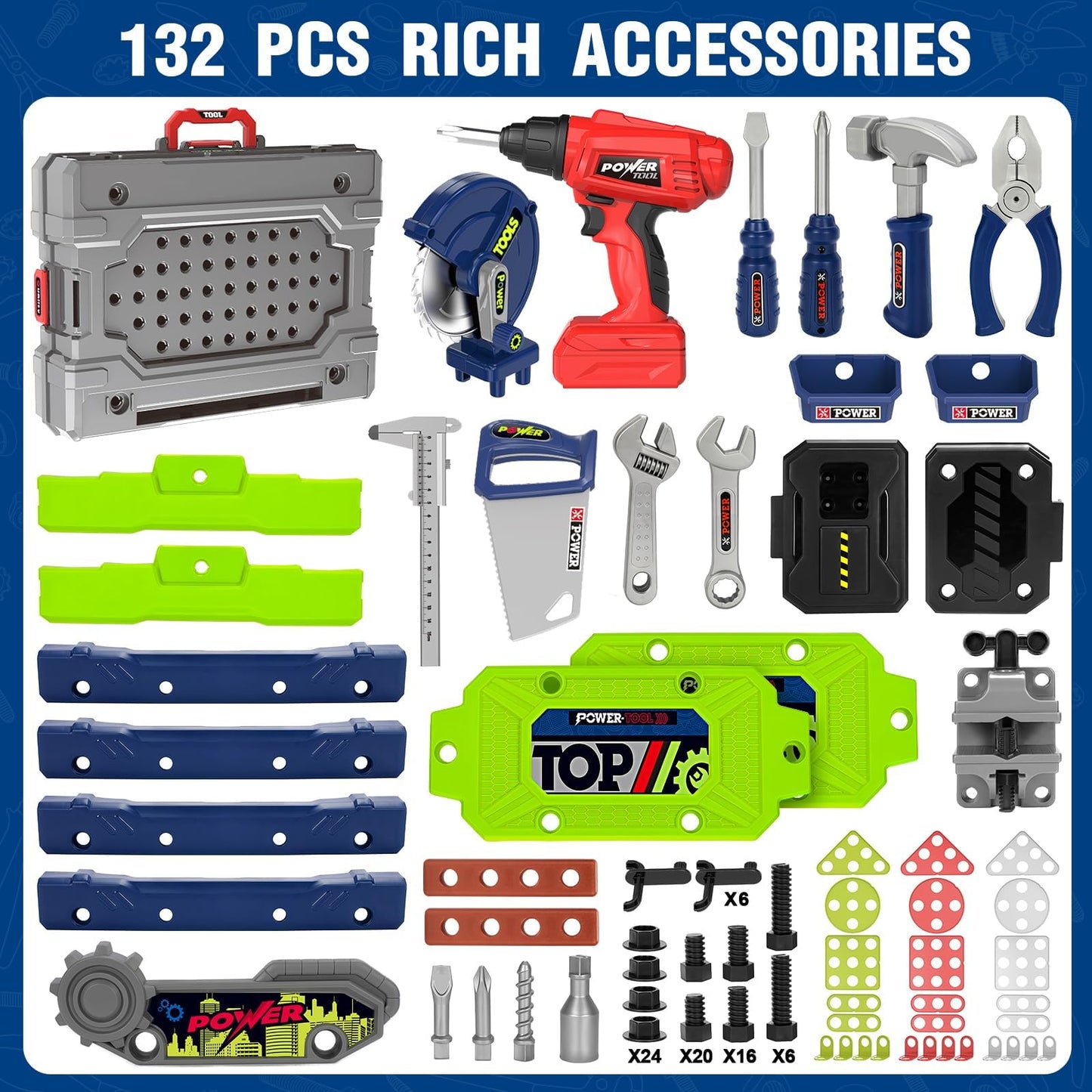 TooyBing Kids Tool Bench Set with Electric Drill – 132-Piece Toddler Construction Toy for 3-5 Year Olds