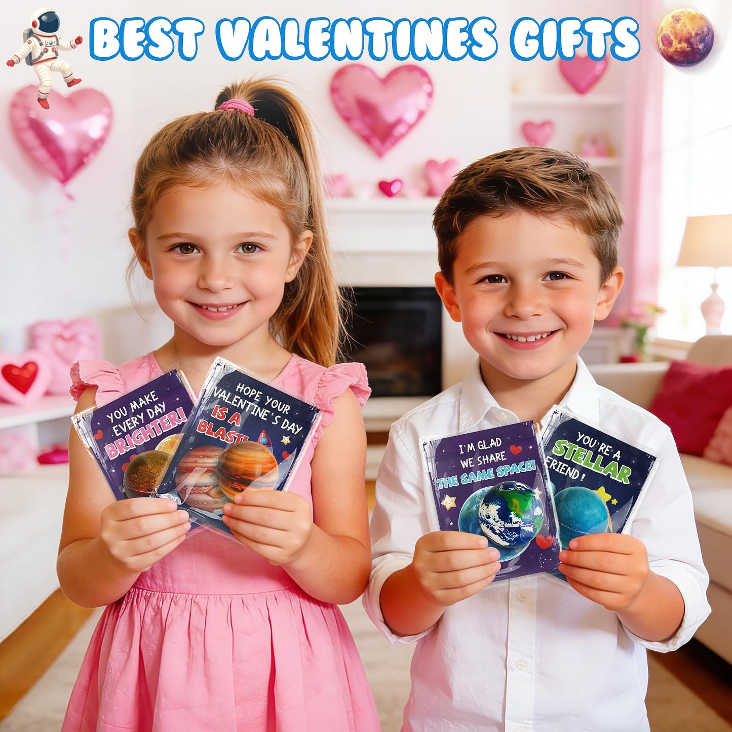 TooyBing Valentines Day Gifts for Kids – 27-Pack Space Cards & Planet Ball Toys for Classroom