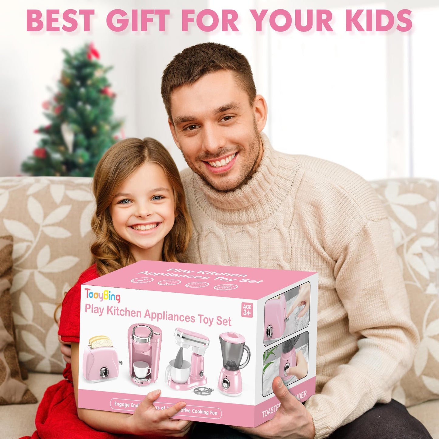 TooyBing Pink Play Kitchen Appliances Toy Set with Sound & Light