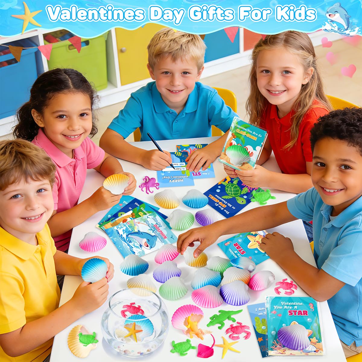 TooyBing Valentines Day Cards for Kids – 30-Pack Seashell Gifts with Marine Life Blind Boxes