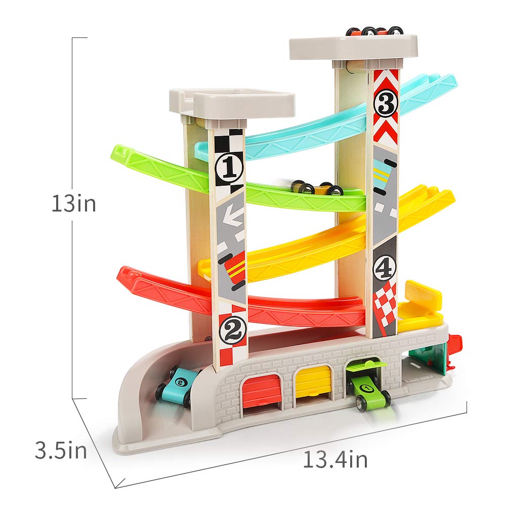 TOP BRIGHT Car Ramp Toys – Toddler Race Track with 4 Cars, Parking Lot & Gas Station (Ages 2-4)