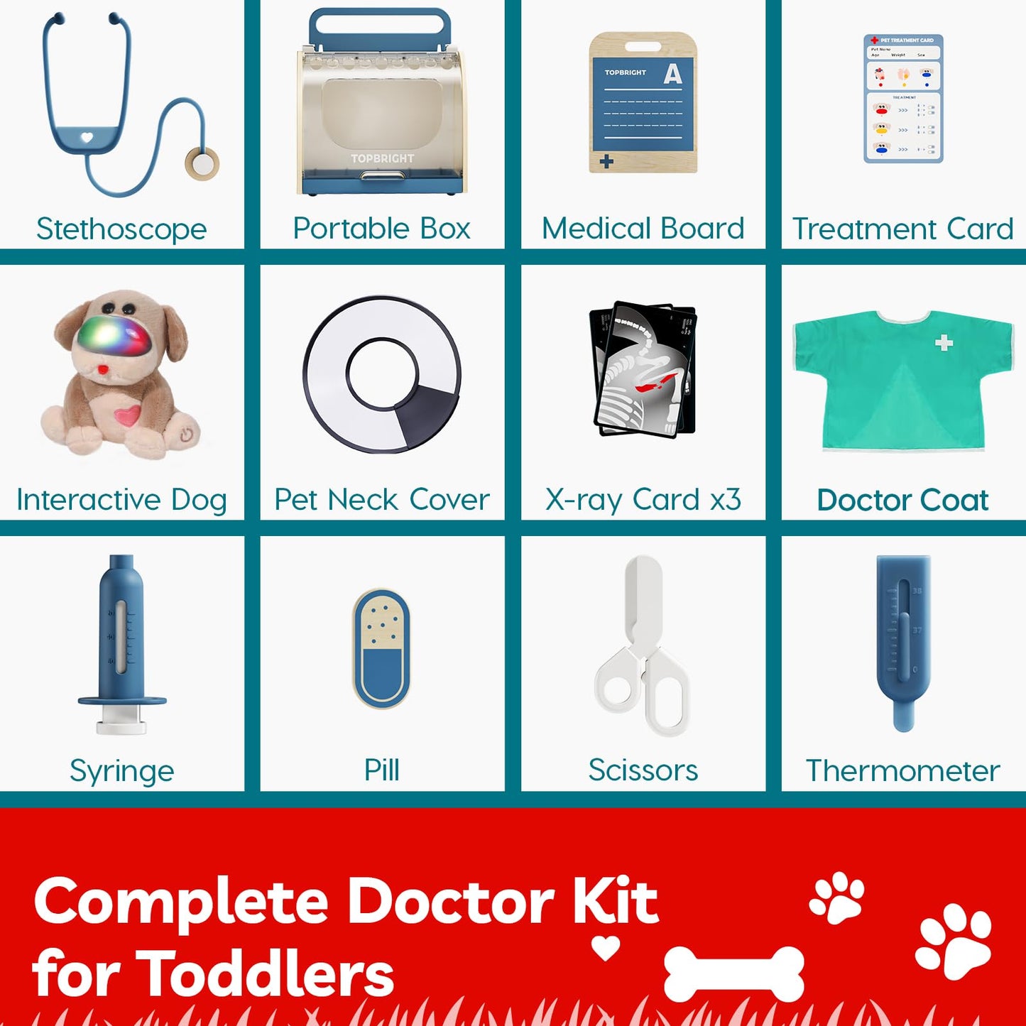 TOP BRIGHT Doctor Kit for Toddlers (3-5) – Pretend Play Vet Set with Wooden Medical Kit