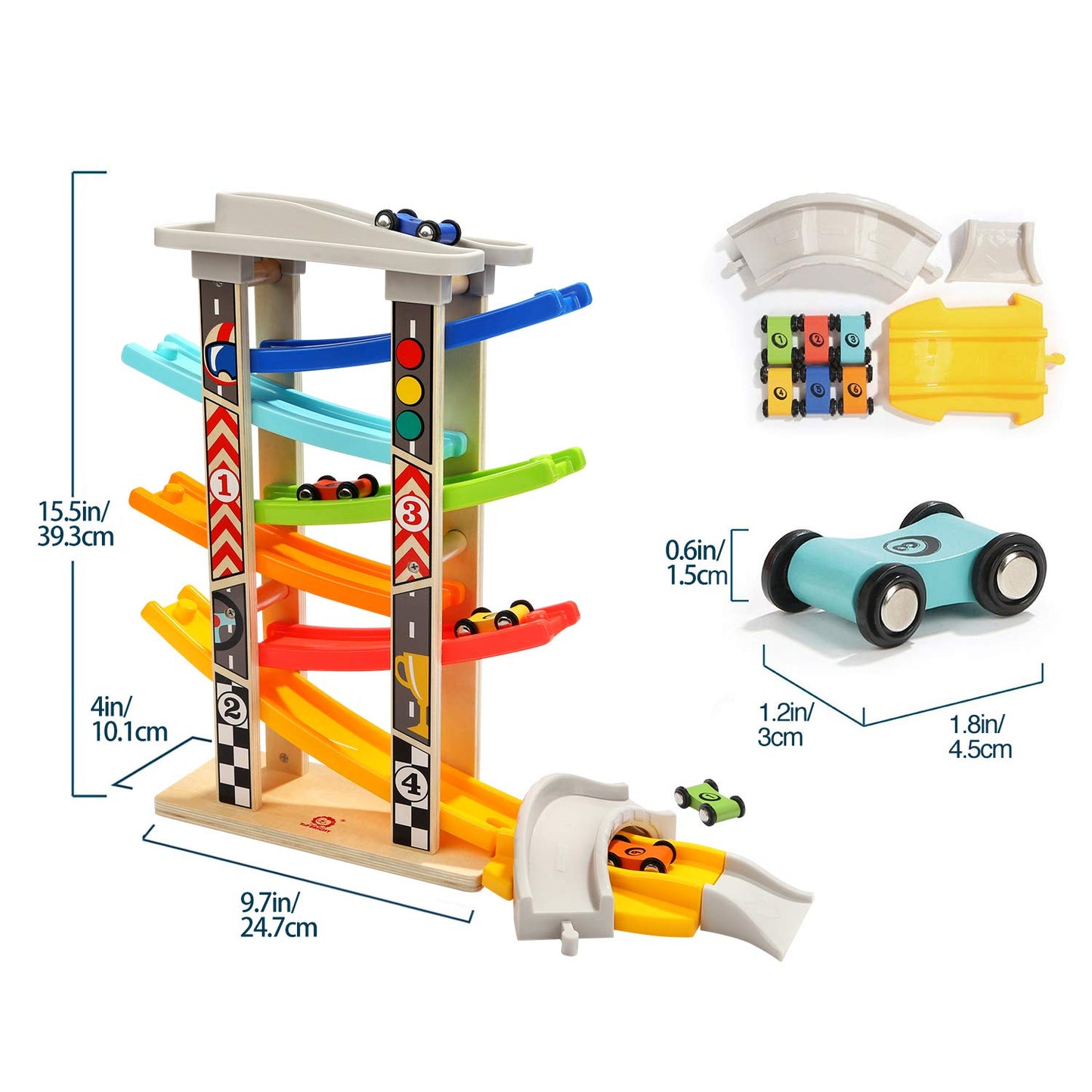TOP BRIGHT Wooden Car Ramp Race Track Toy – Montessori Learning, 6 Mini Cars for Toddlers 1-4
