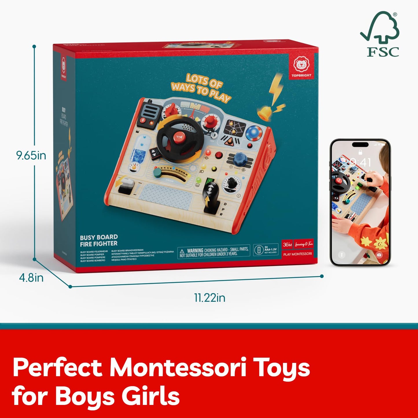 TOP BRIGHT Montessori Busy Board with LED Light – Car-Themed Sensory & Fine Motor Toy for Toddlers 3-5