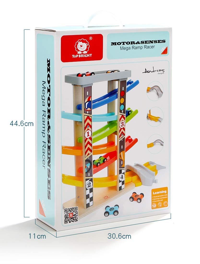 Top Bright Wooden Race Track Car Ramp Toys for Toddlers – 6 Mini Cars, Garage & Bridges