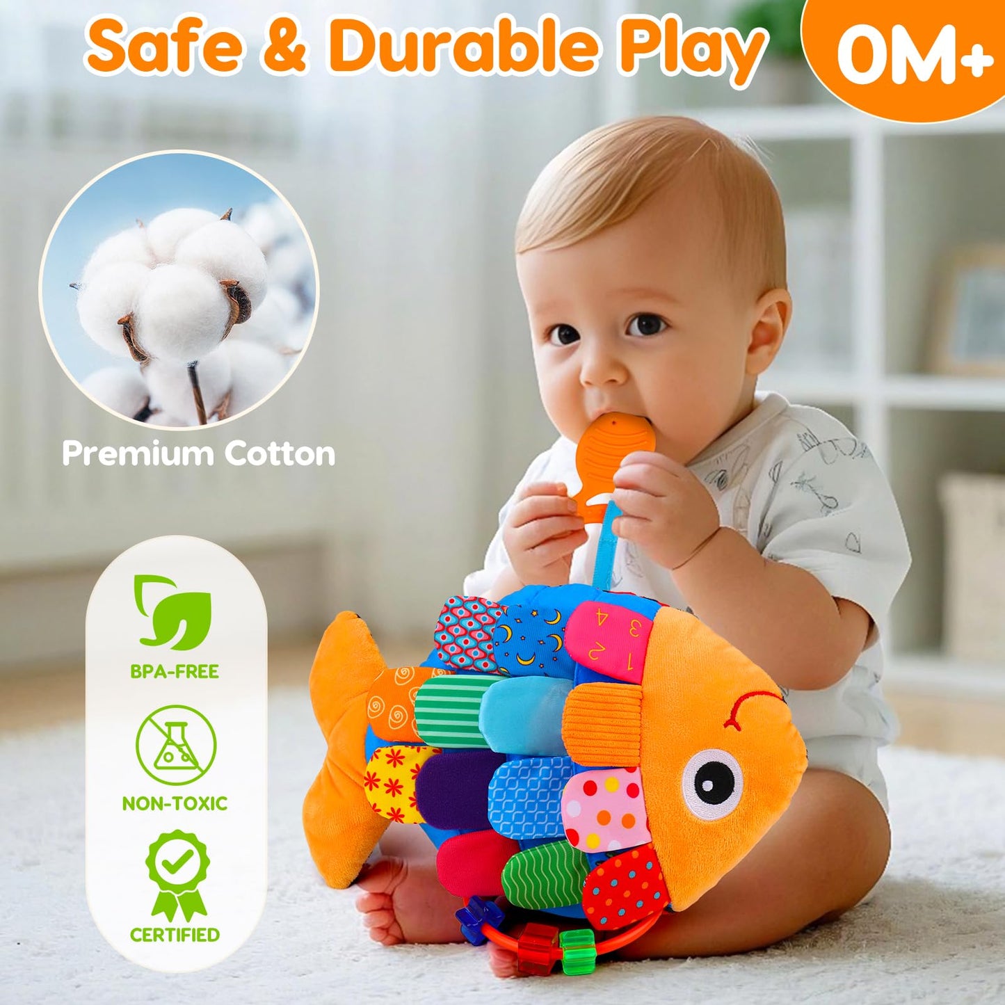 Topsochir Baby Sensory Fish Toy – High-Contrast Tummy Time Play with Mirror, Crinkle, Rattle (0-6 Months)